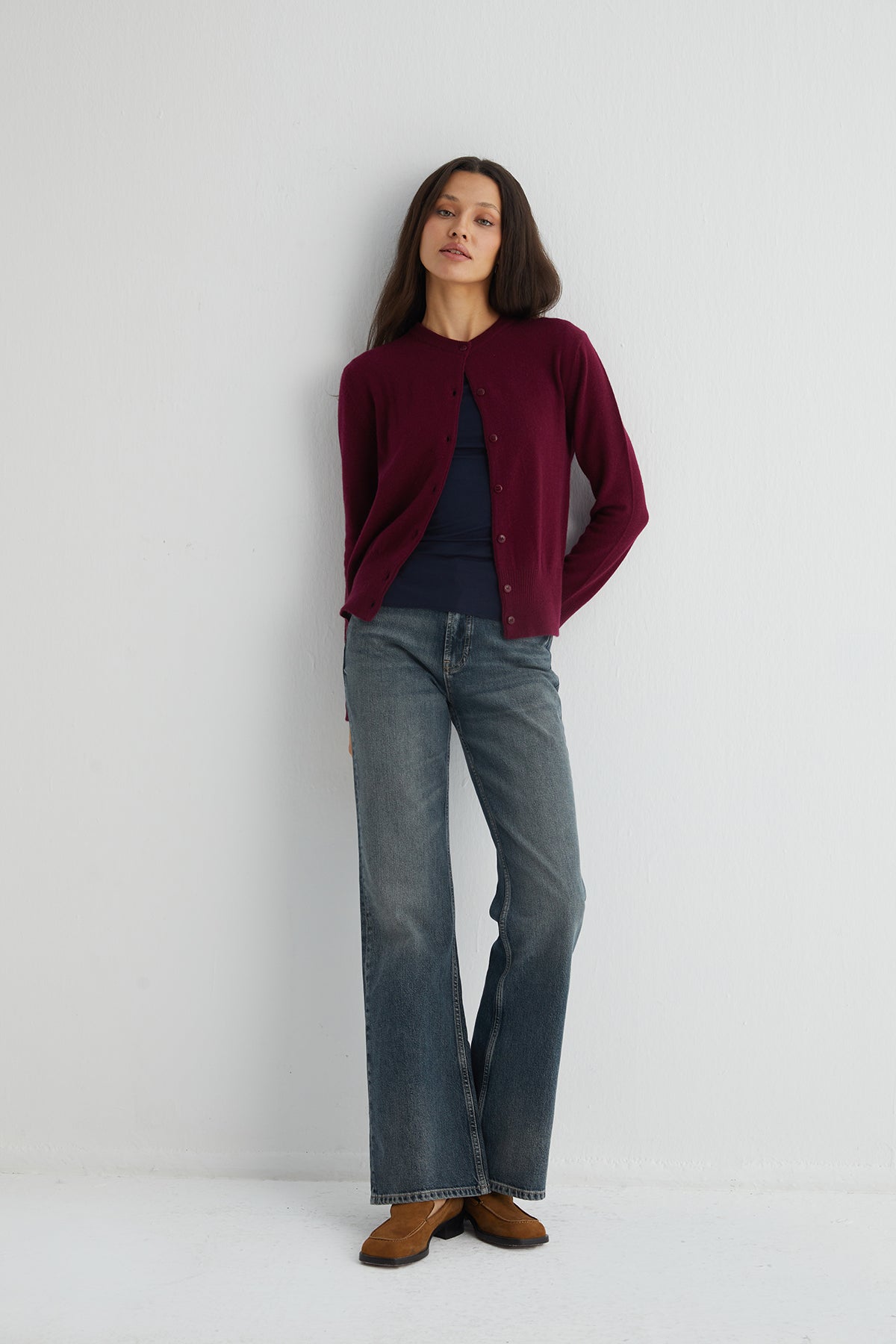 Bordo Lilly Saf Kaşmir Bisiklet Yaka Hırka