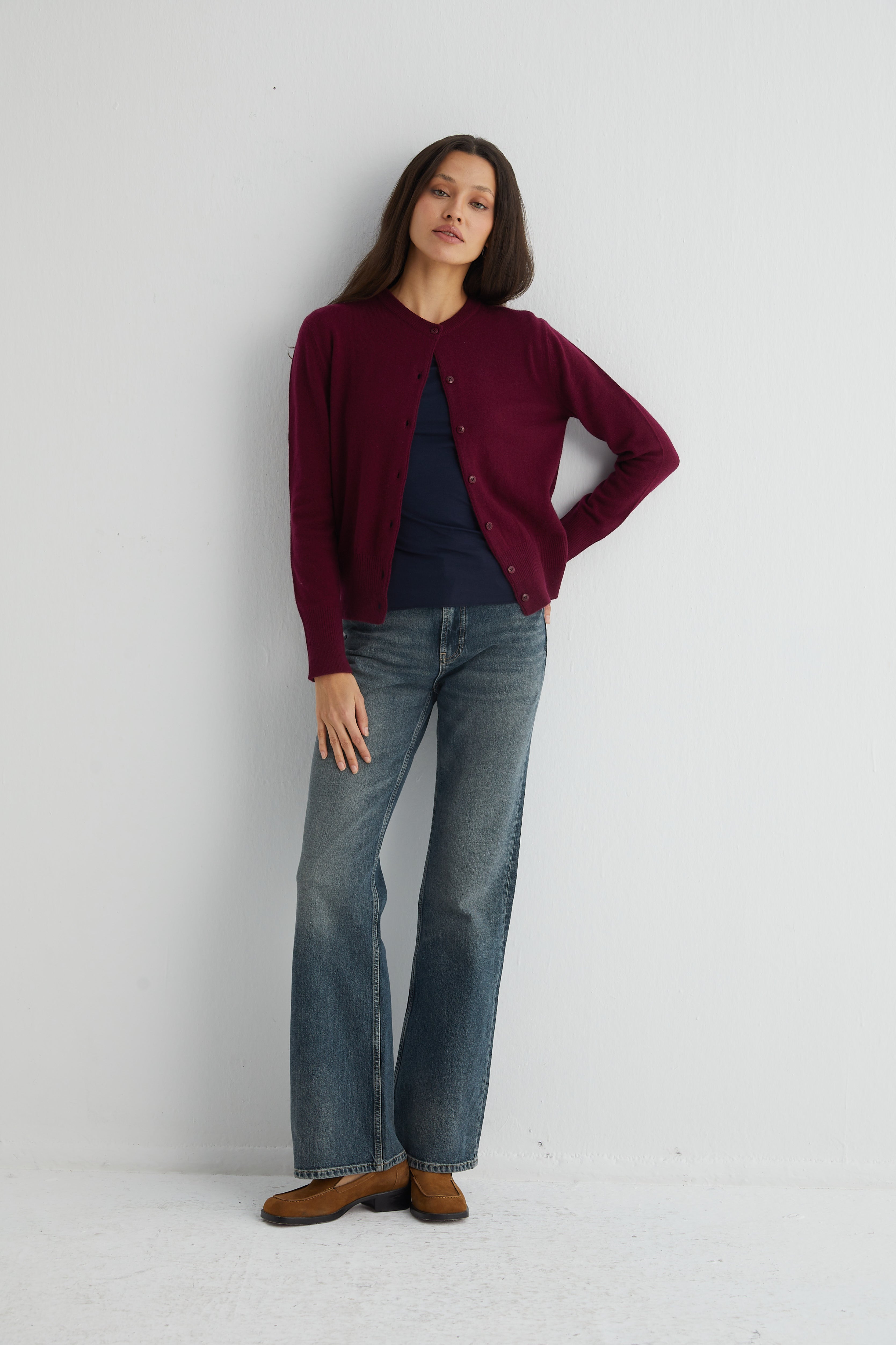 Bordo Lilly Saf Kaşmir Bisiklet Yaka Hırka