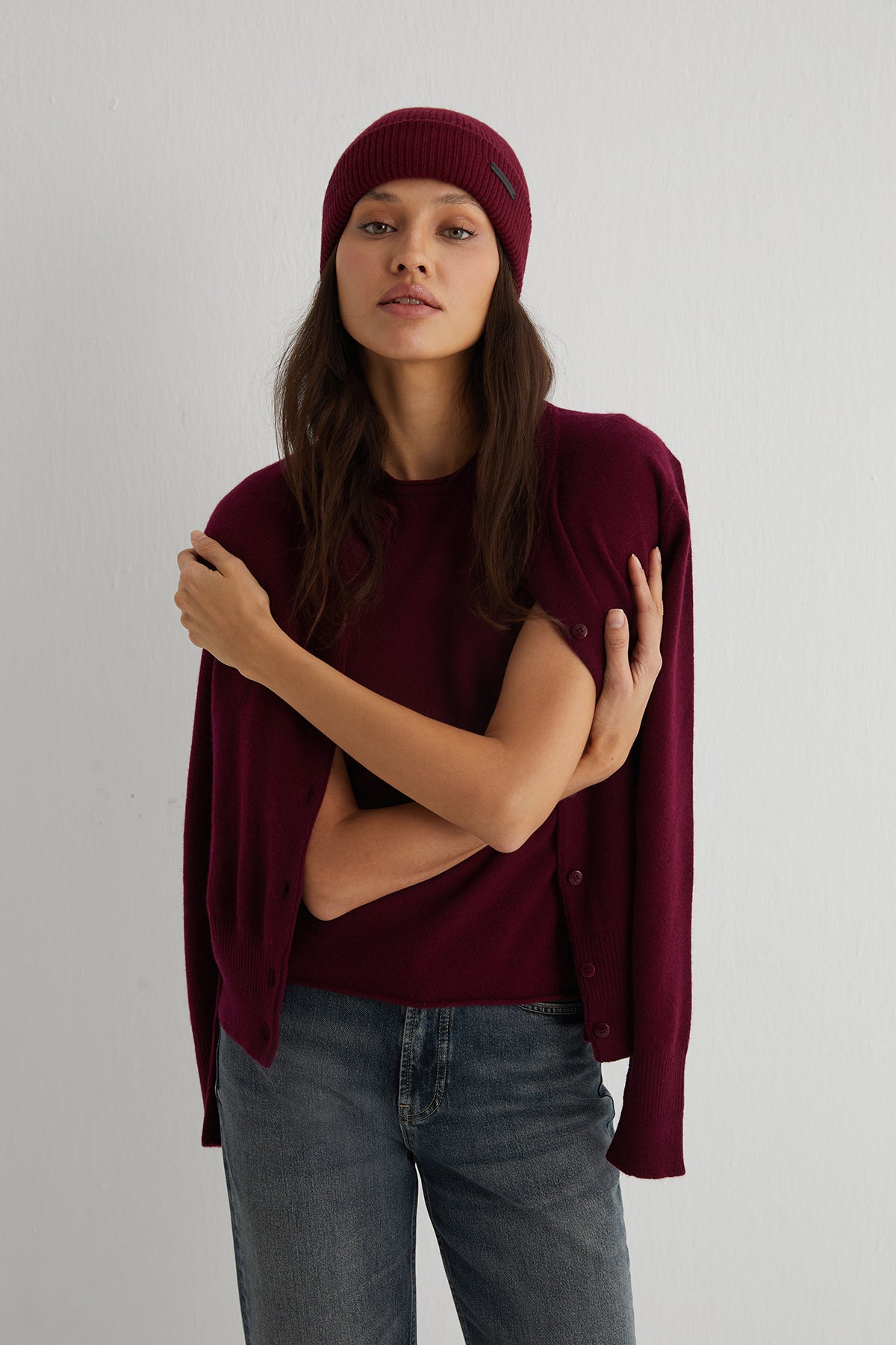 Bordo Lilly Saf Kaşmir Bisiklet Yaka Tişört