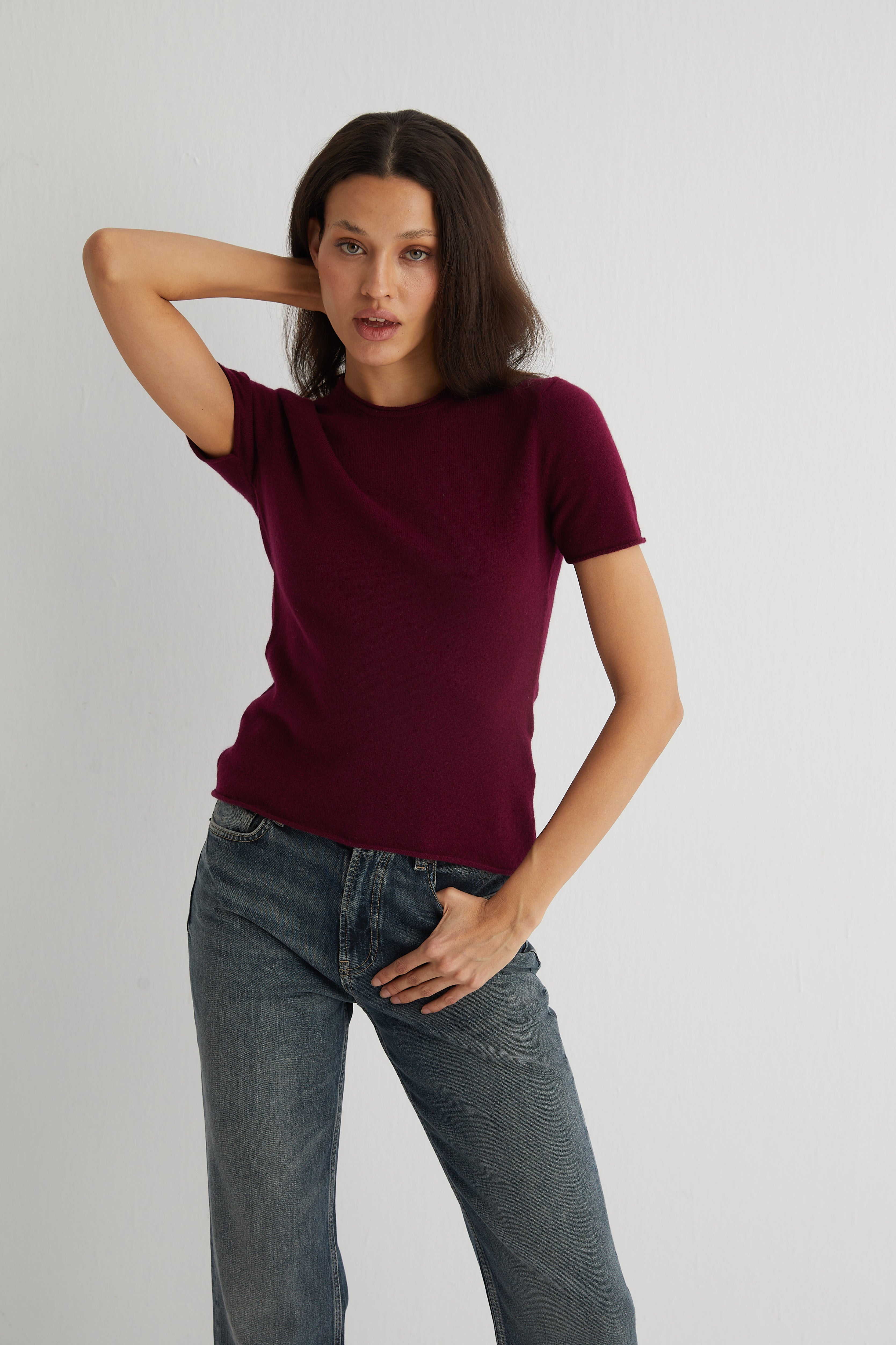 Bordo Lilly Saf Kaşmir Bisiklet Yaka Tişört