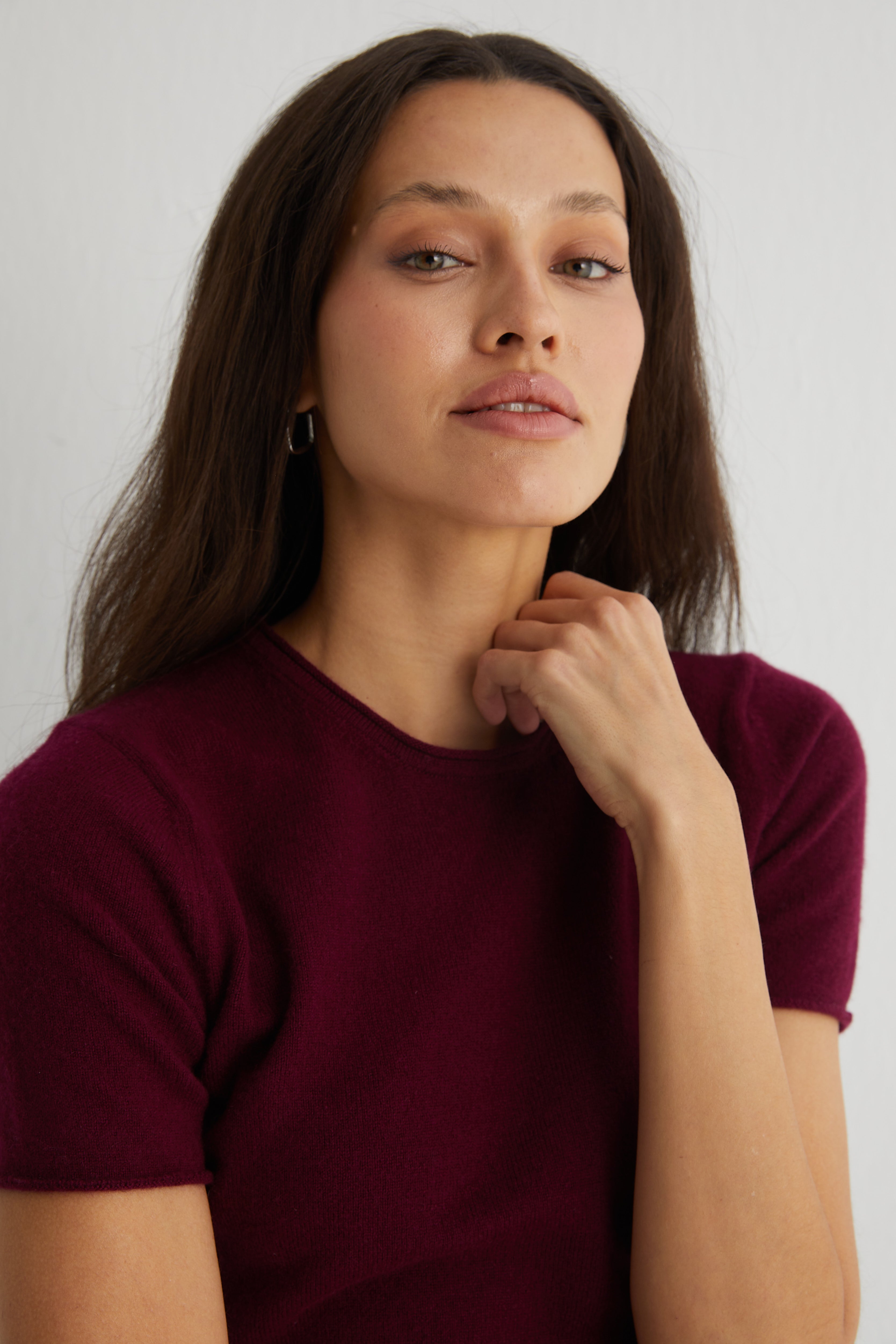 Bordo Lilly Saf Kaşmir Bisiklet Yaka Tişört