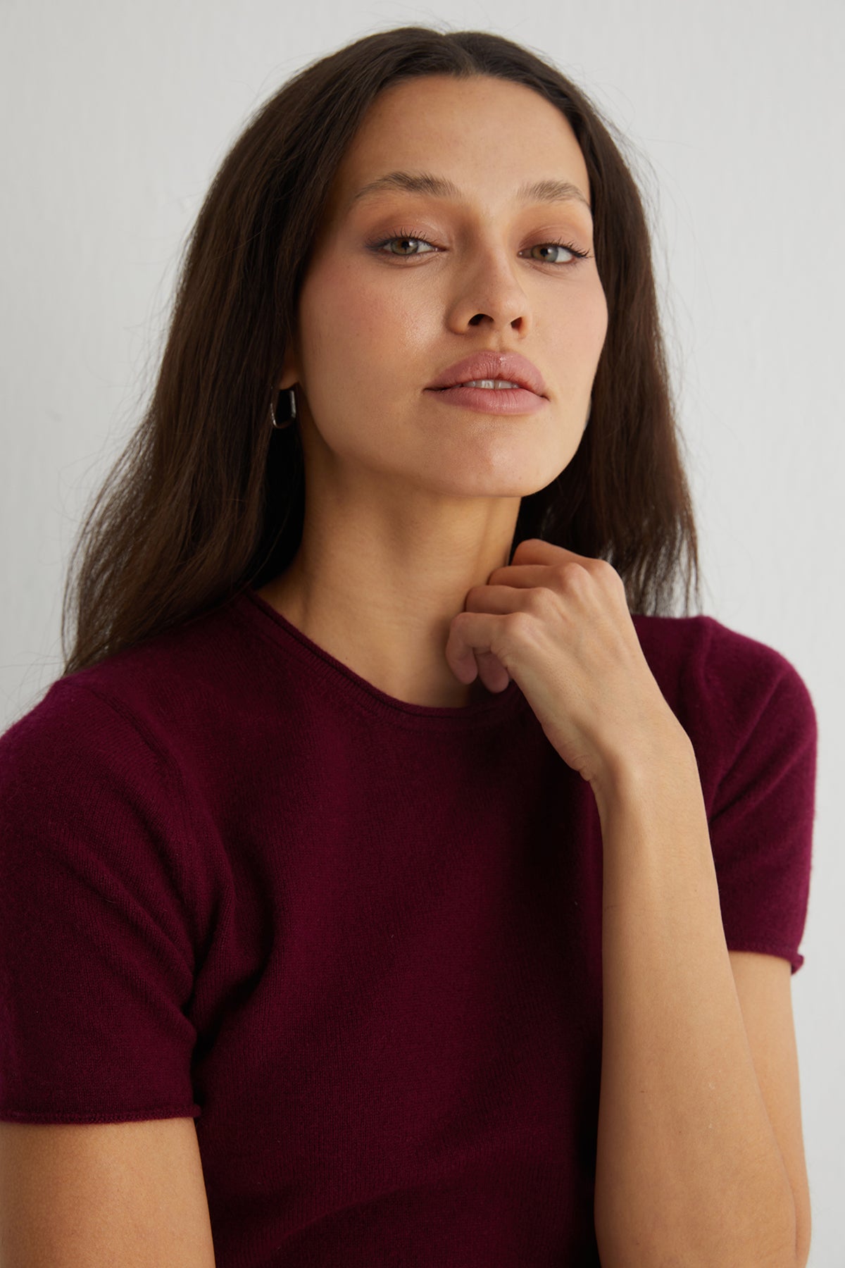 Bordo Lilly Saf Kaşmir Bisiklet Yaka Tişört