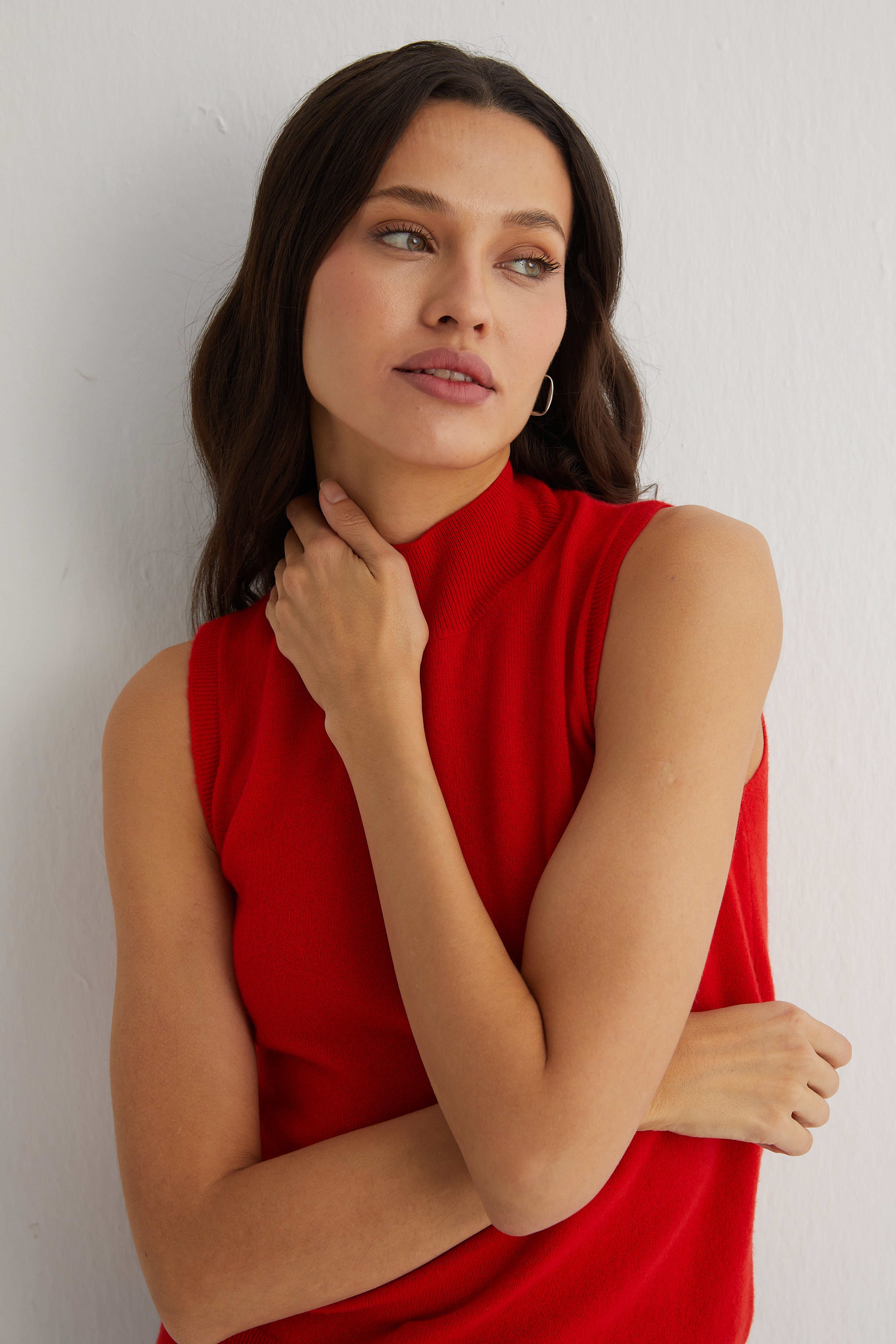 Koyu Turuncu Agata Saf Kaşmir Yüksek Yaka Kolsuz Triko