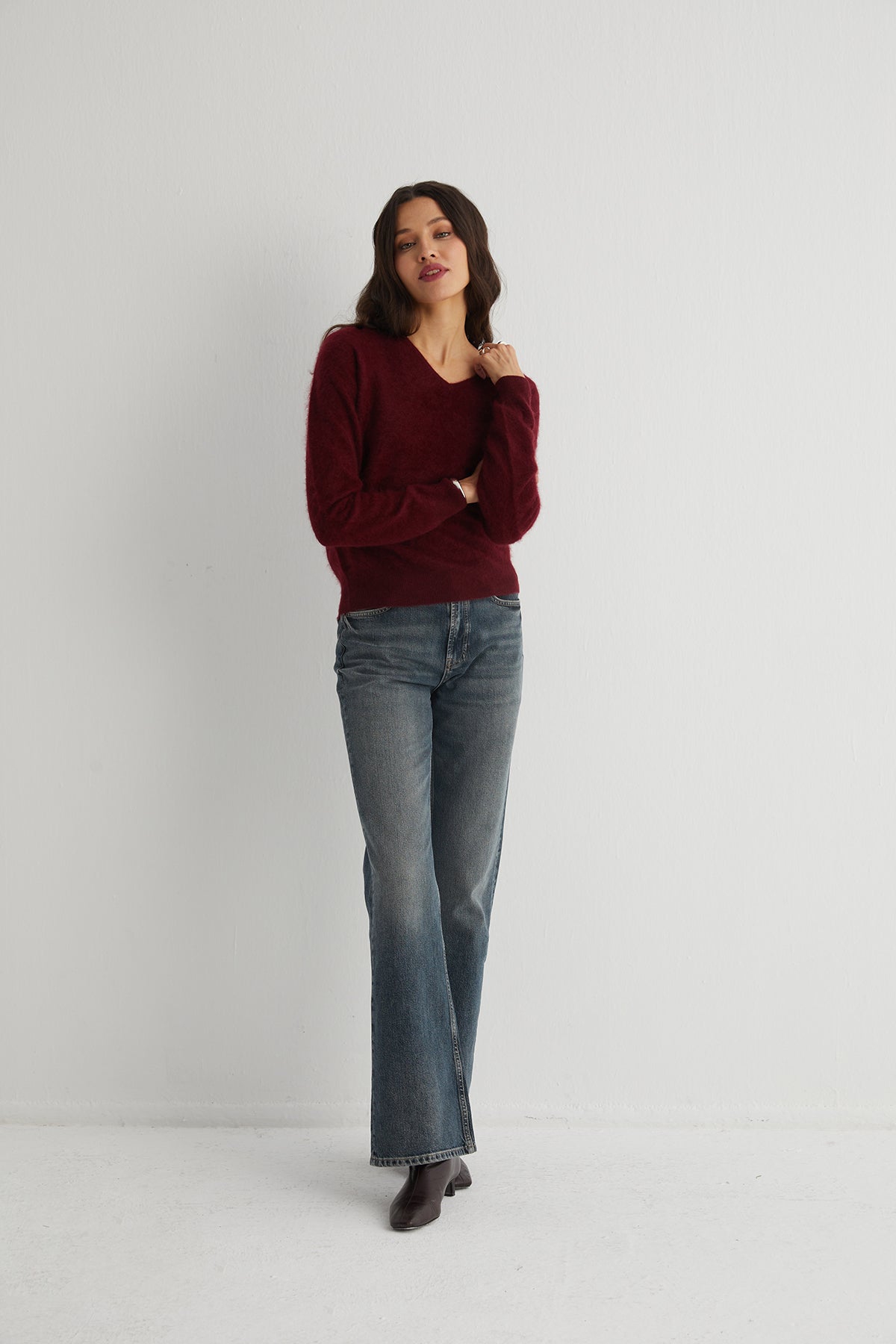 Bordo Brushed Saf Kaşmir V Yaka Kazak