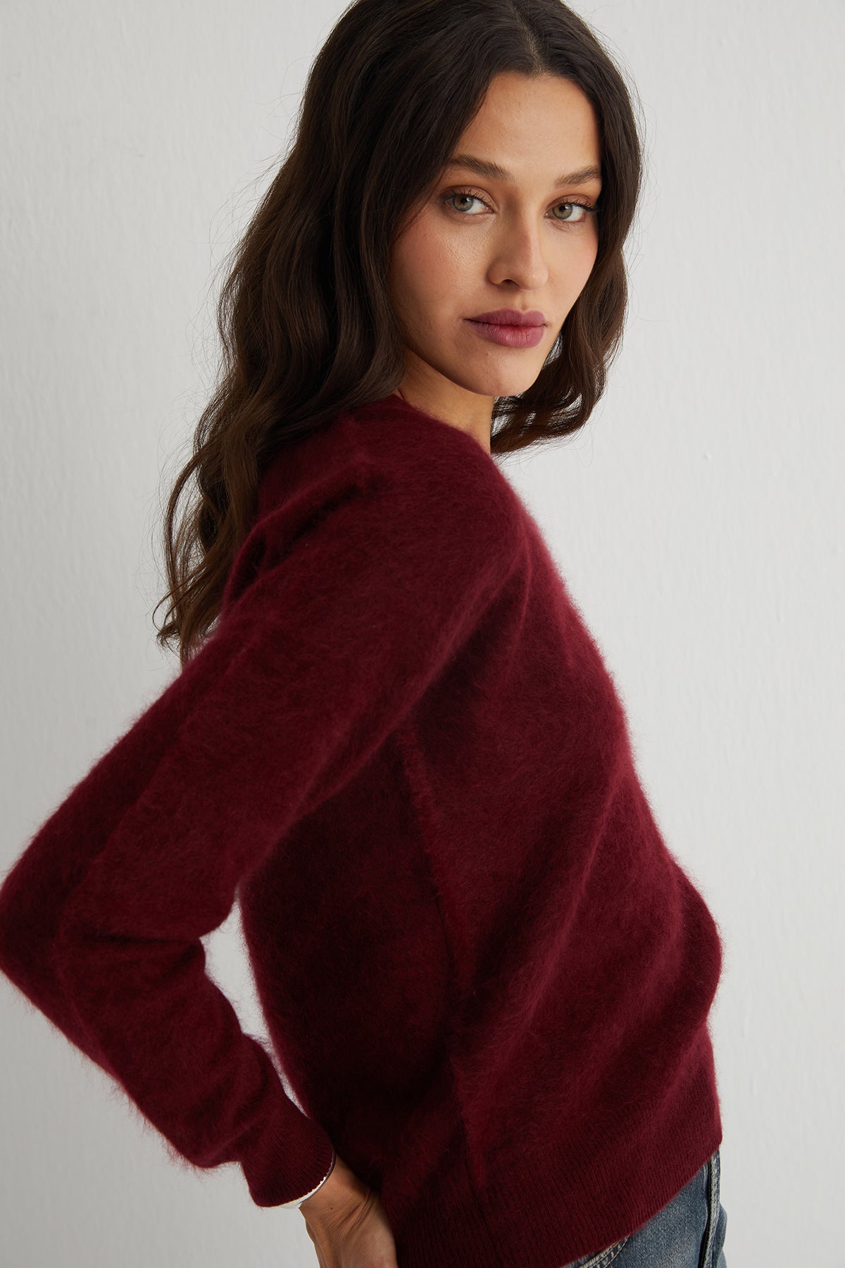 Bordo Brushed Saf Kaşmir V Yaka Kazak