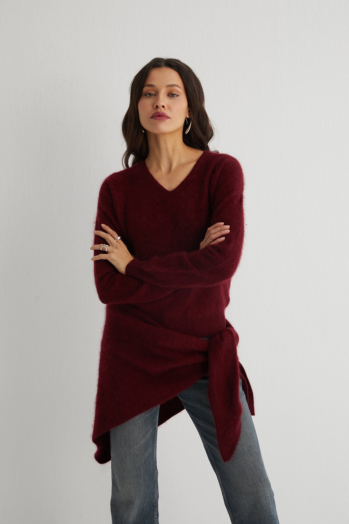 Bordo Brushed Saf Kaşmir V Yaka Kazak