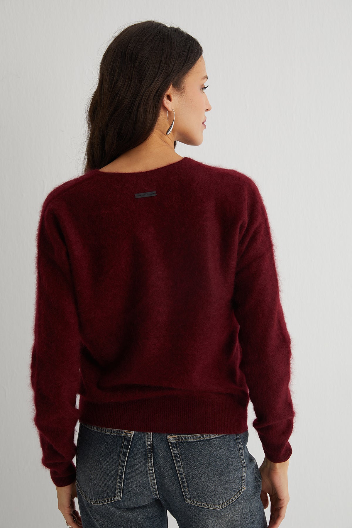 Bordo Brushed Saf Kaşmir V Yaka Kazak