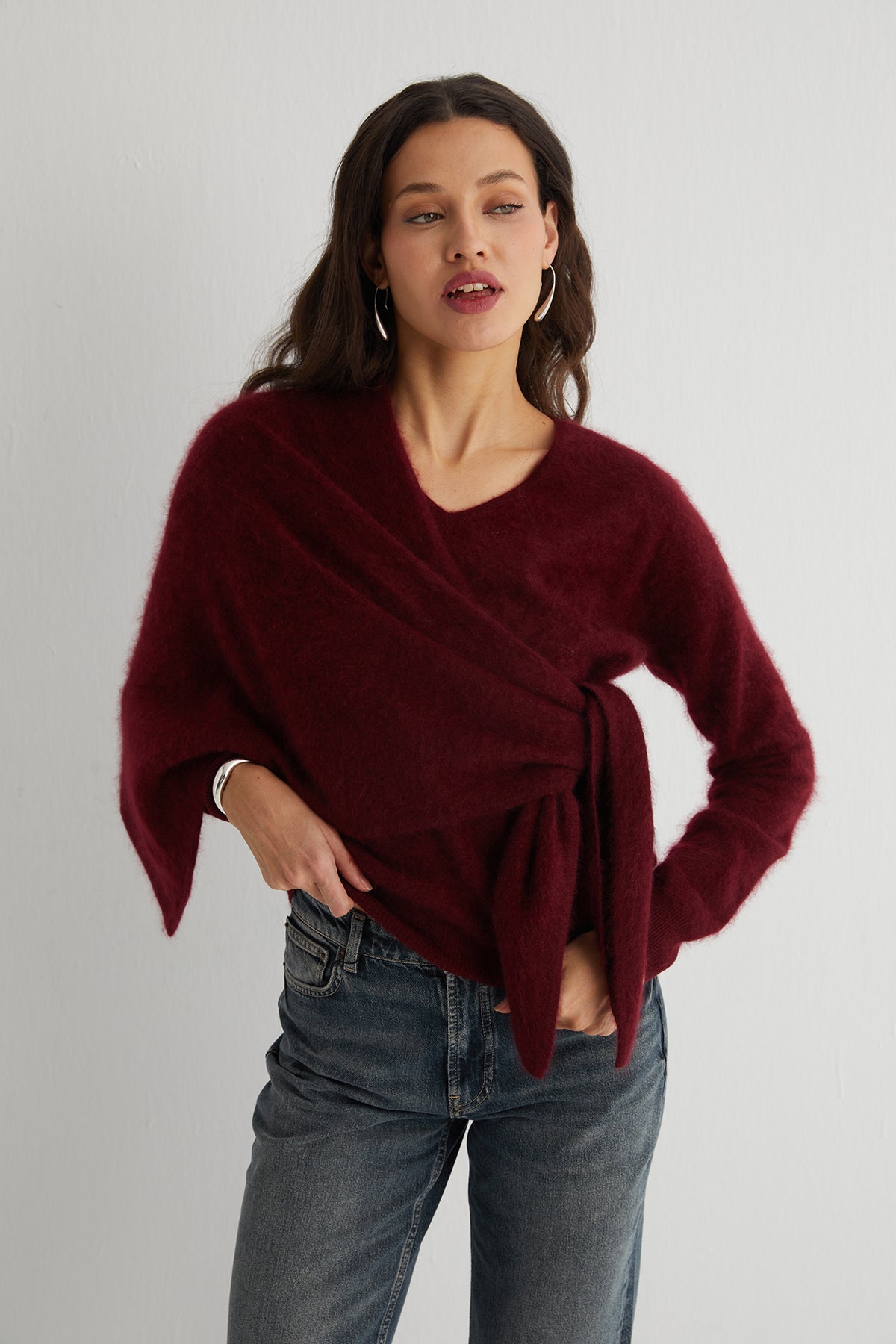 Bordo Brushed Saf Kaşmir V Yaka Kazak