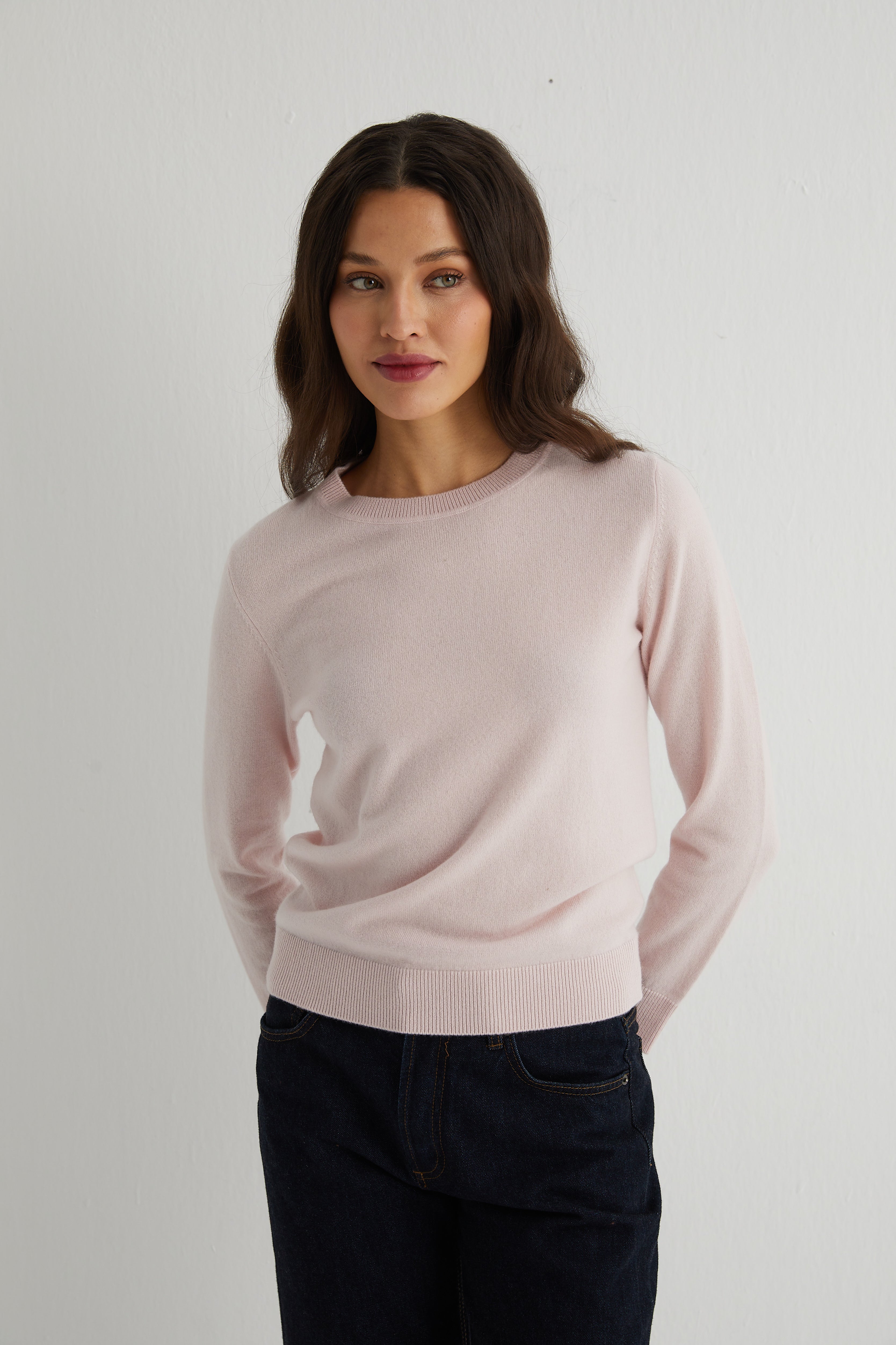 Açık Pembe Agata Saf Kaşmir Yuvarlak Yaka Kazak