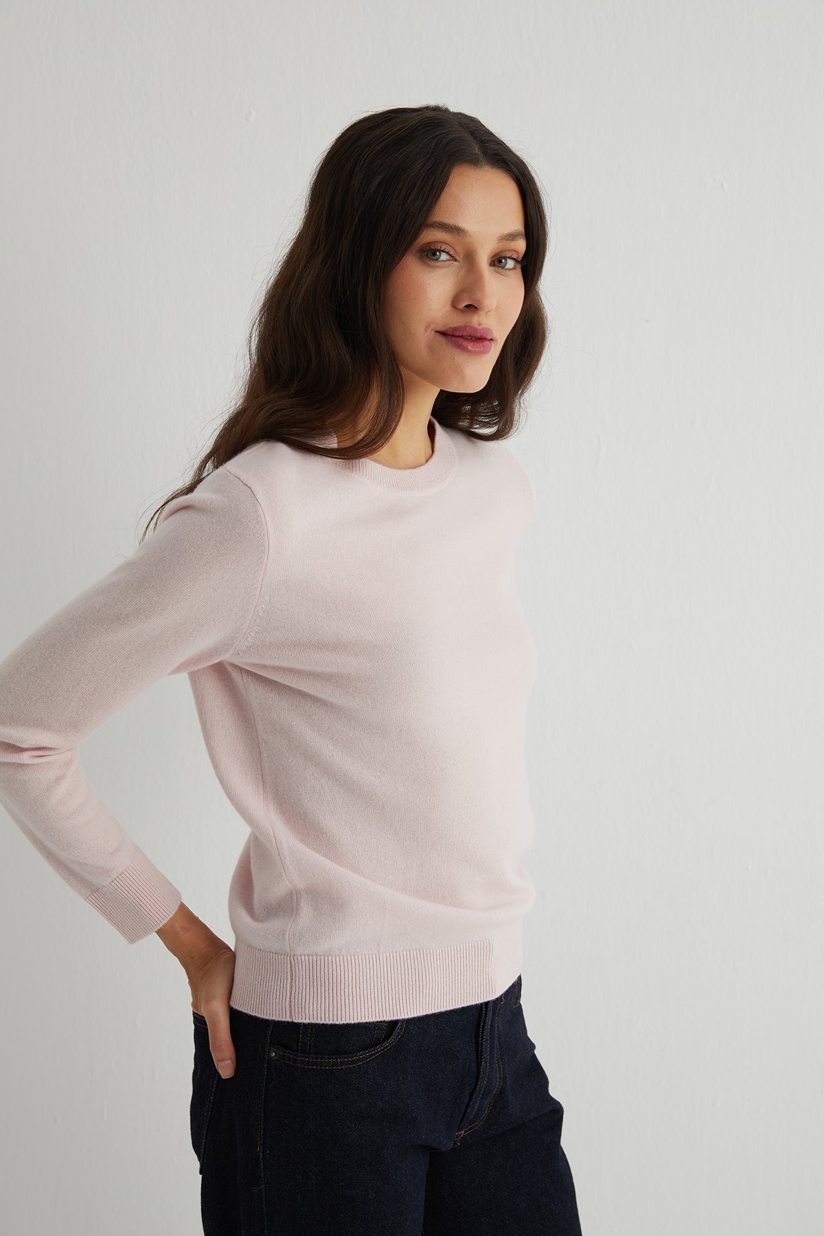 Açık Pembe Agata Saf Kaşmir Yuvarlak Yaka Kazak