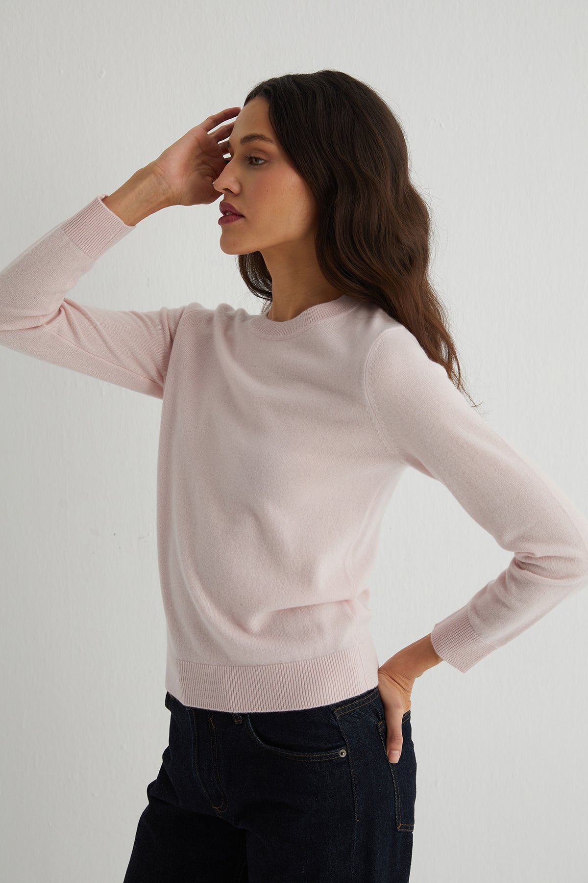 Açık Pembe Agata Saf Kaşmir Yuvarlak Yaka Kazak