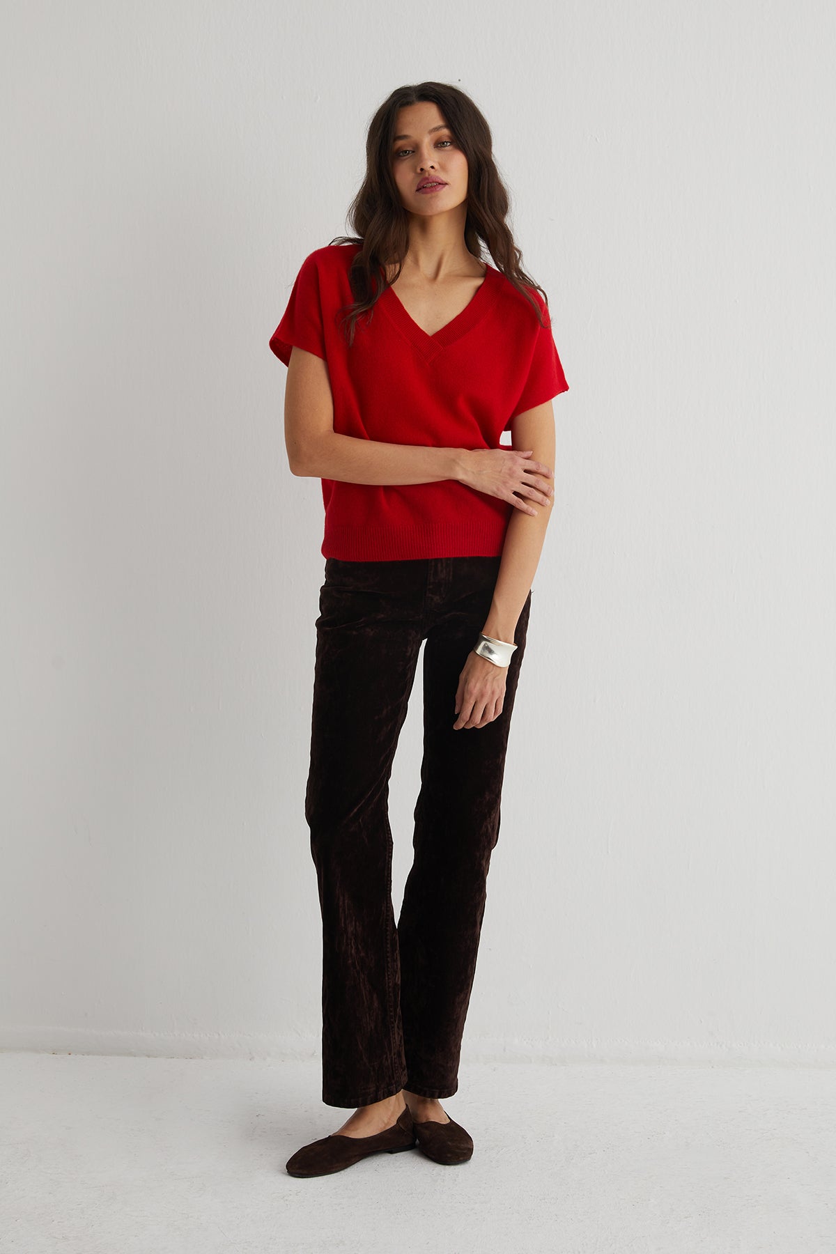 Kırmızı Kostir Saf Kaşmir Derin V Yaka Triko