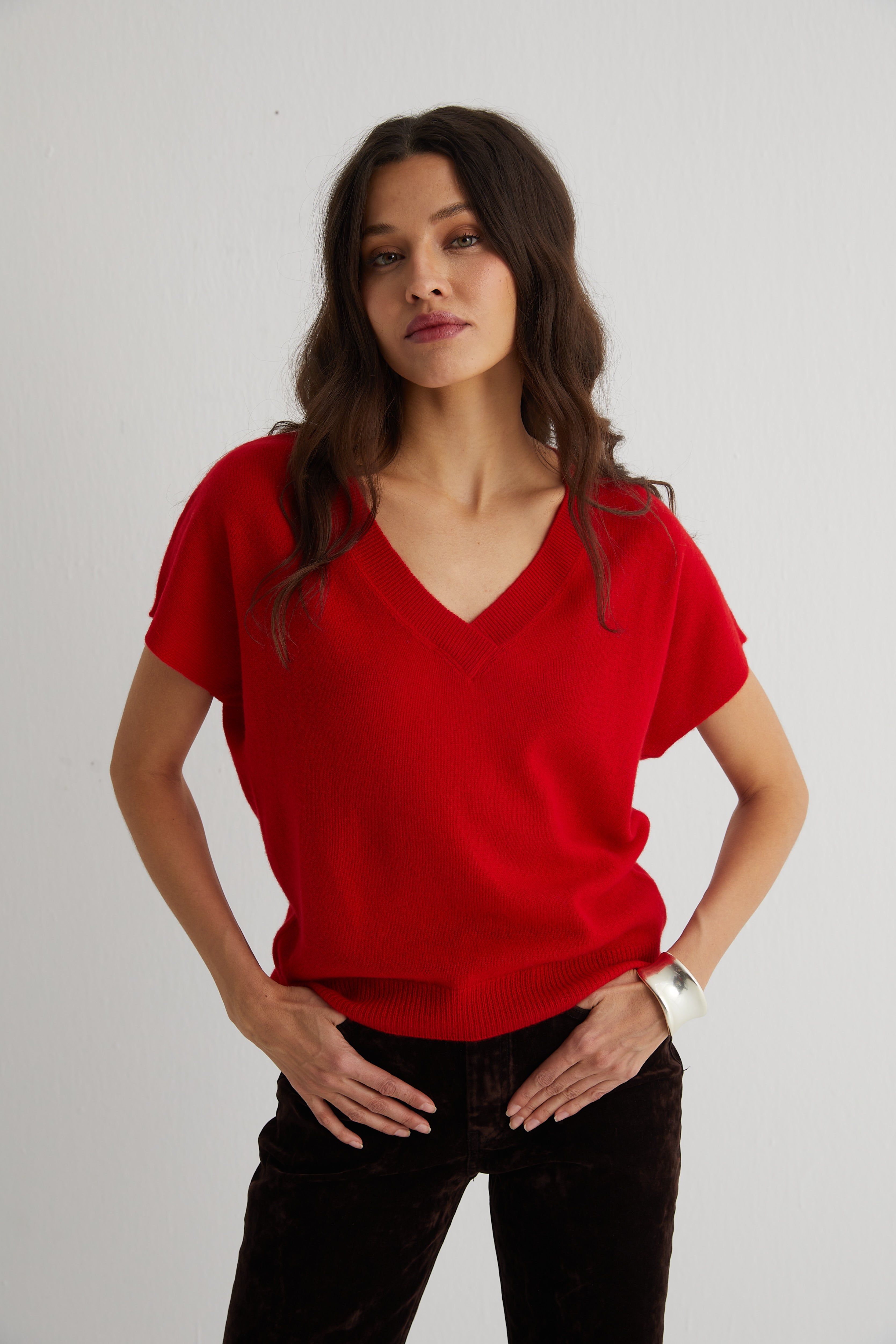 Kırmızı Kostir Saf Kaşmir Derin V Yaka Triko