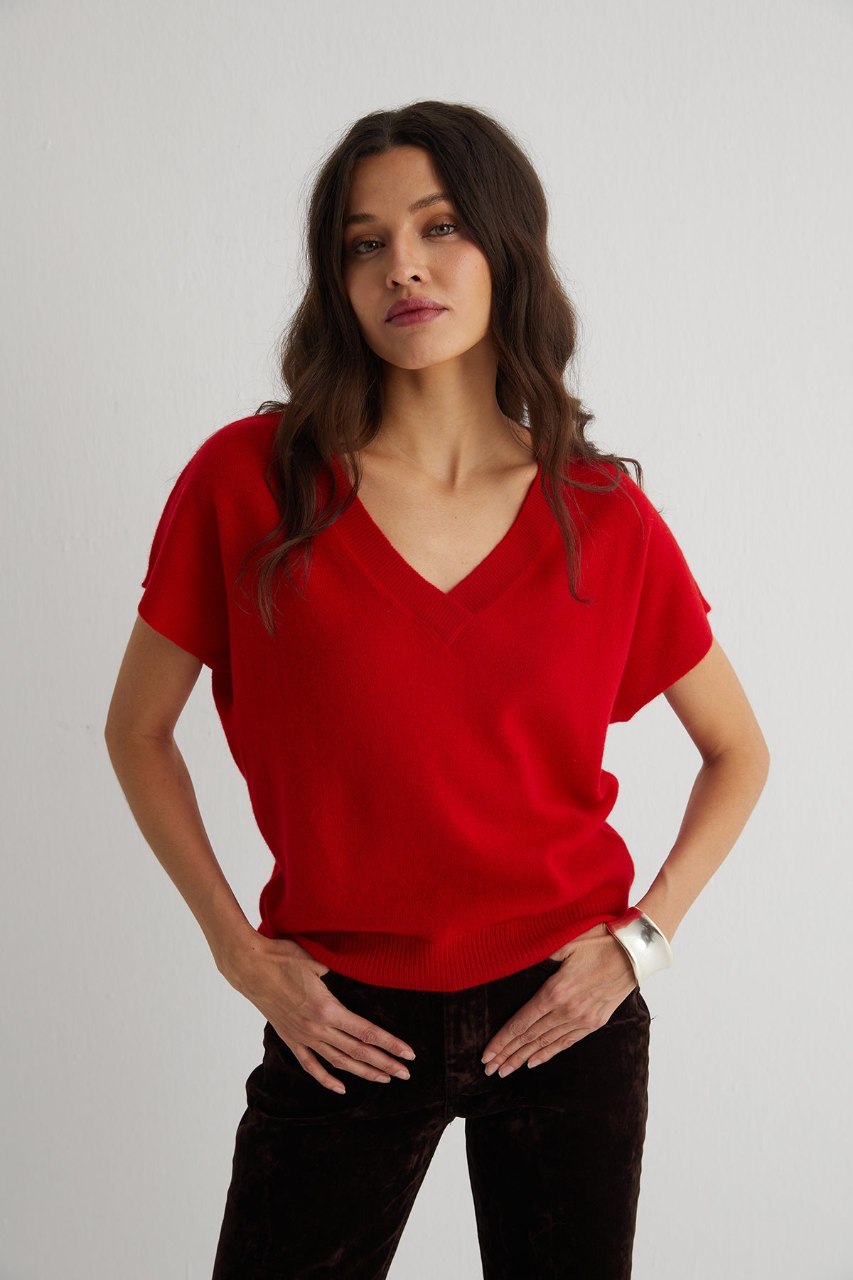 Kırmızı Kostir Saf Kaşmir Derin V Yaka Triko