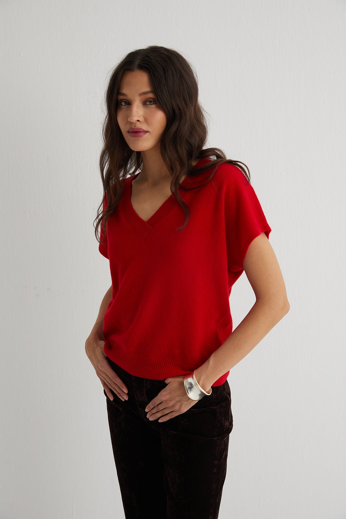 Kırmızı Kostir Saf Kaşmir Derin V Yaka Triko