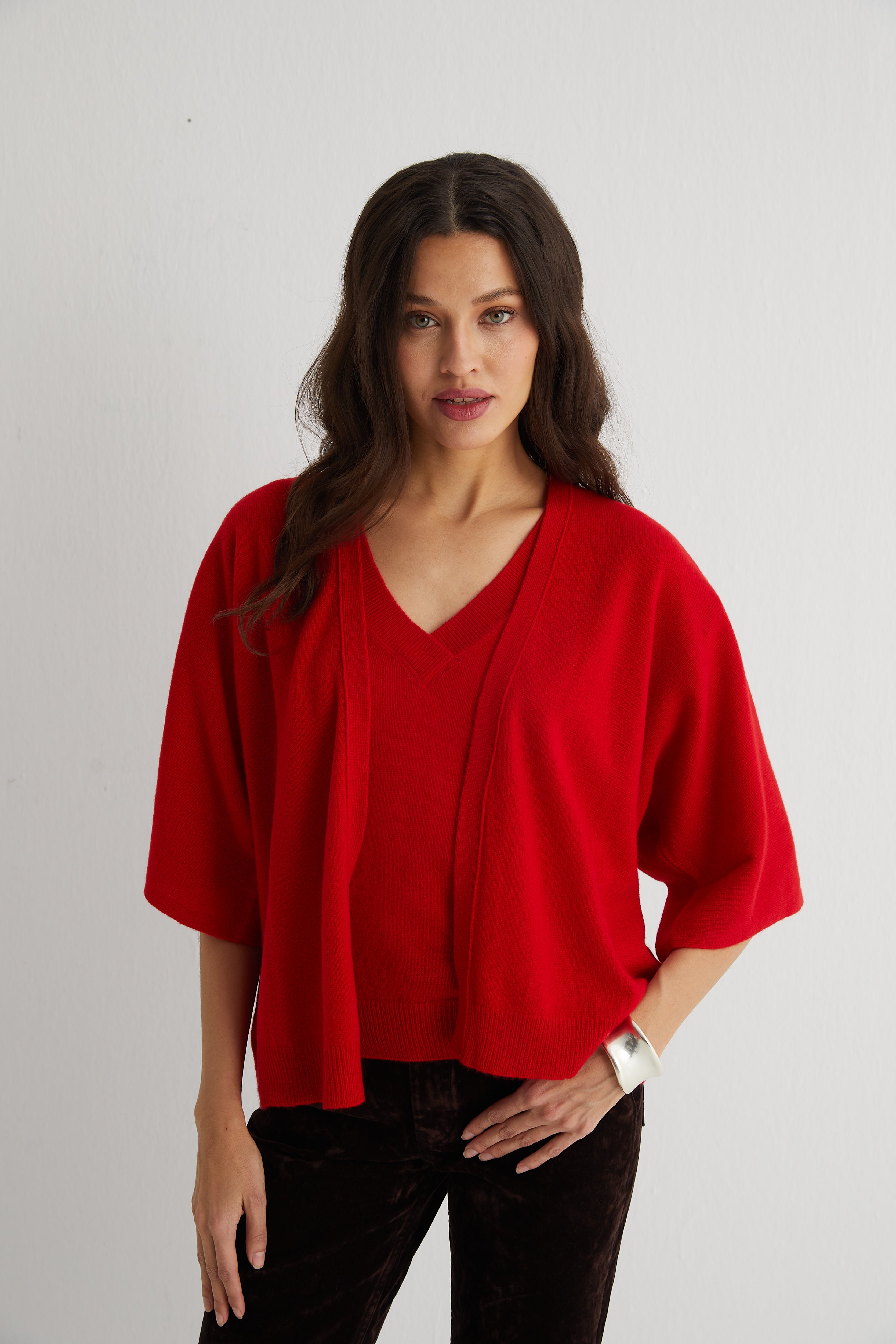 Kırmızı Kostir Saf Kaşmir Derin V Yaka Triko Hırka