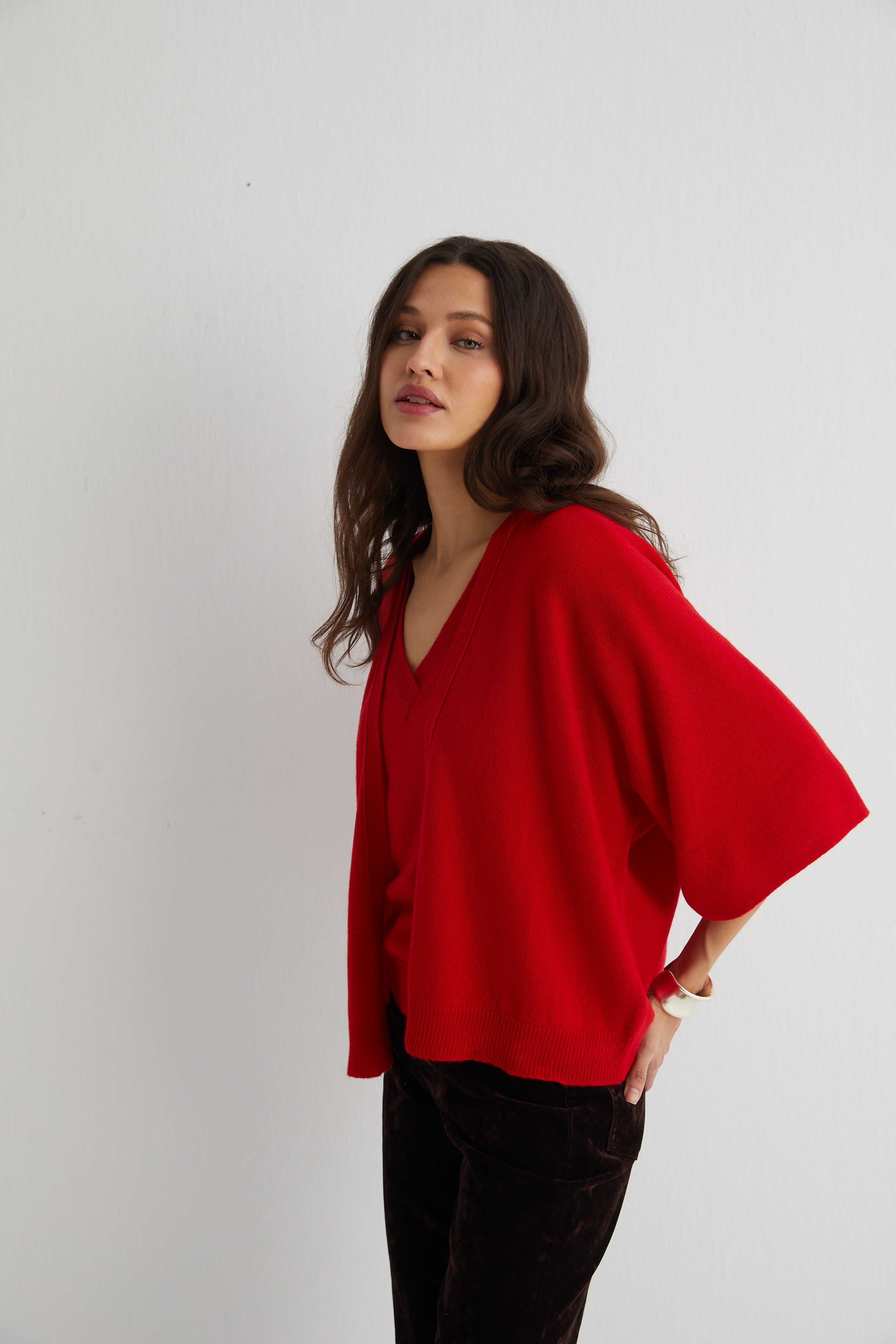 Kırmızı Kostir Saf Kaşmir Derin V Yaka Triko Hırka