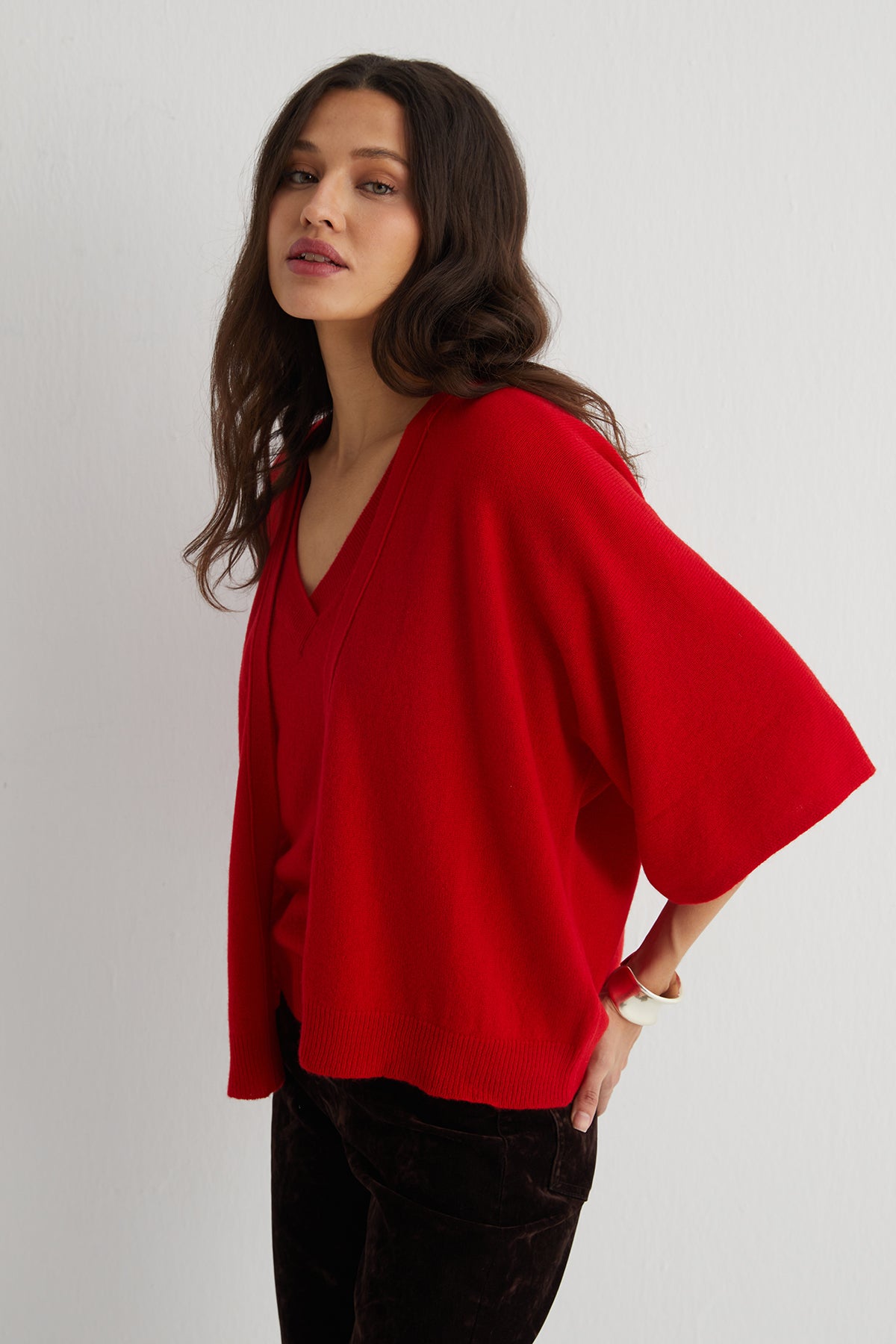 Kırmızı Kostir Saf Kaşmir Derin V Yaka Triko Hırka