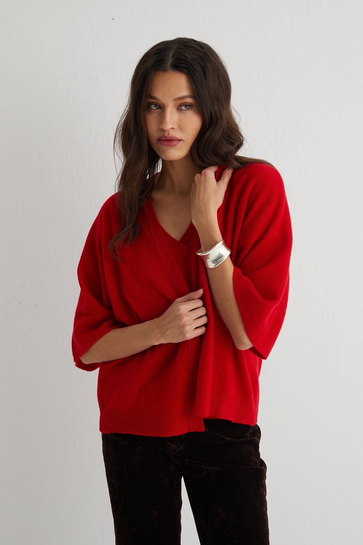 Kırmızı Kostir Saf Kaşmir Derin V Yaka Triko Hırka