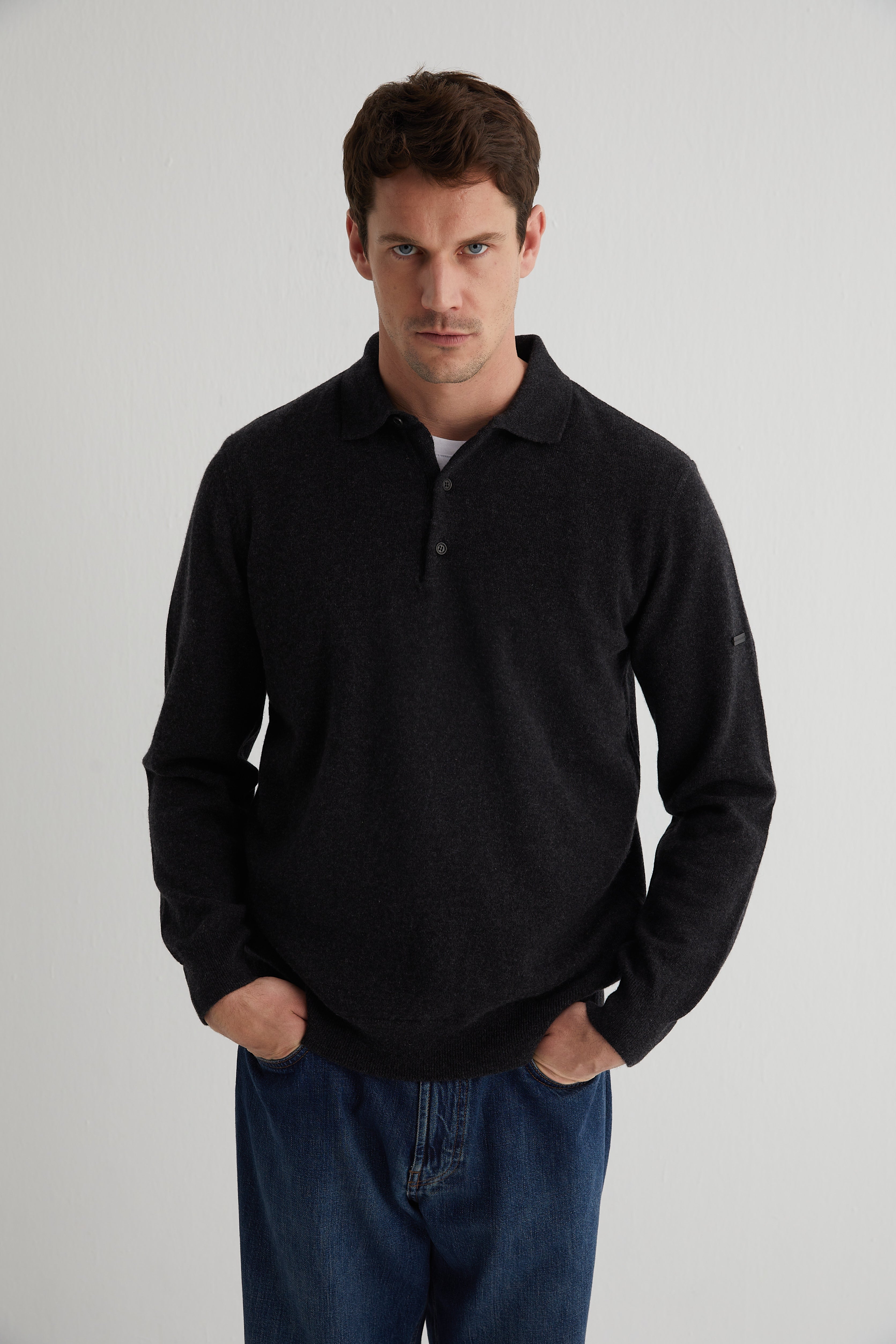 Gri Saf Kaşmir Erkek Polo Kazak