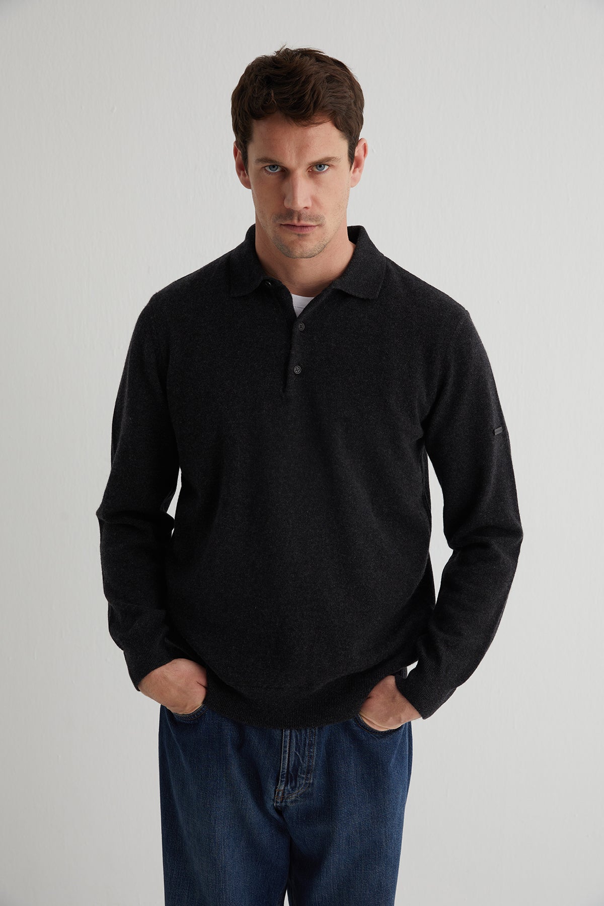 Gri Saf Kaşmir Erkek Polo Kazak