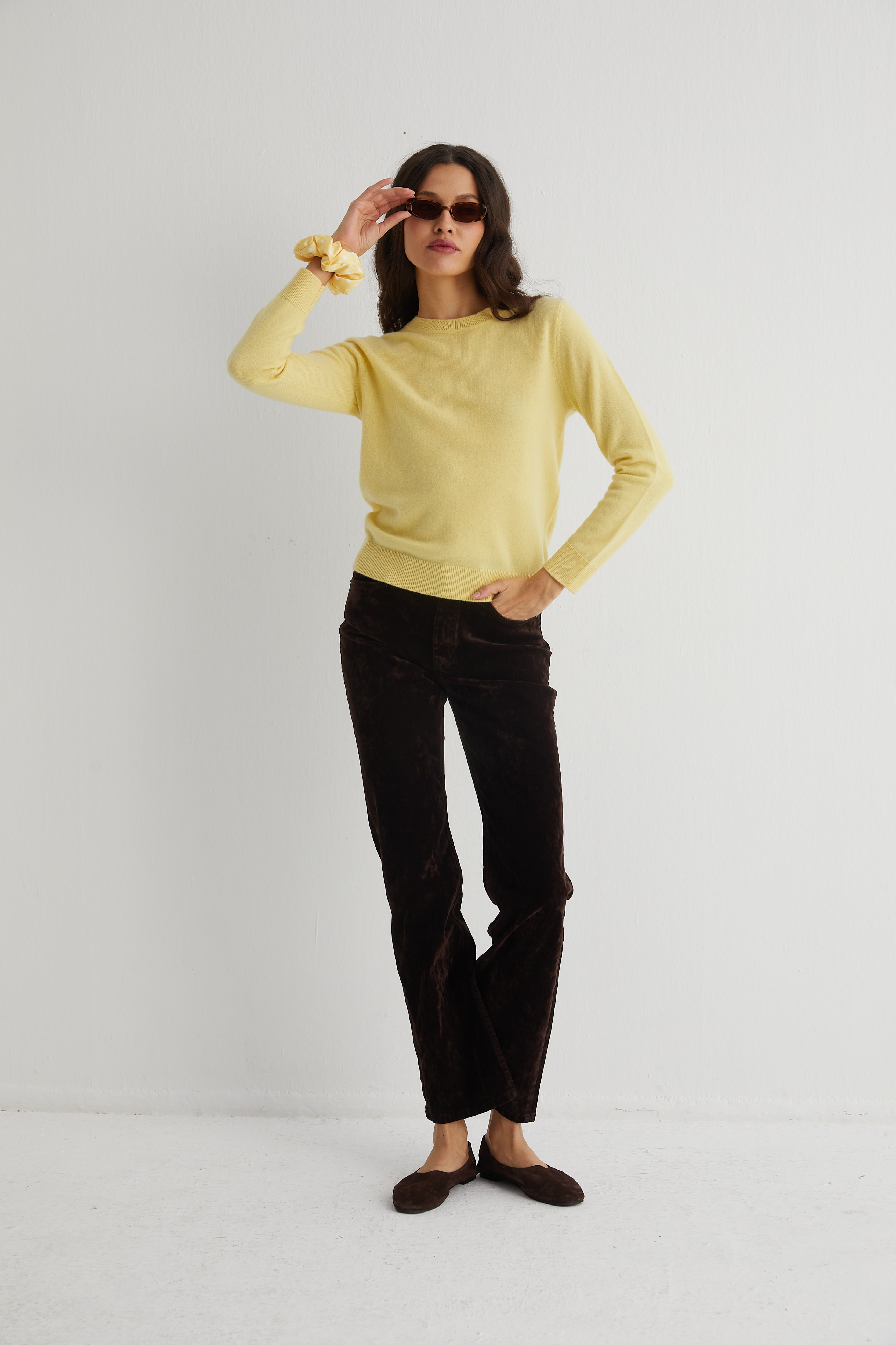 Sarı Agata Saf Kaşmir Yuvarlak Yaka Kazak