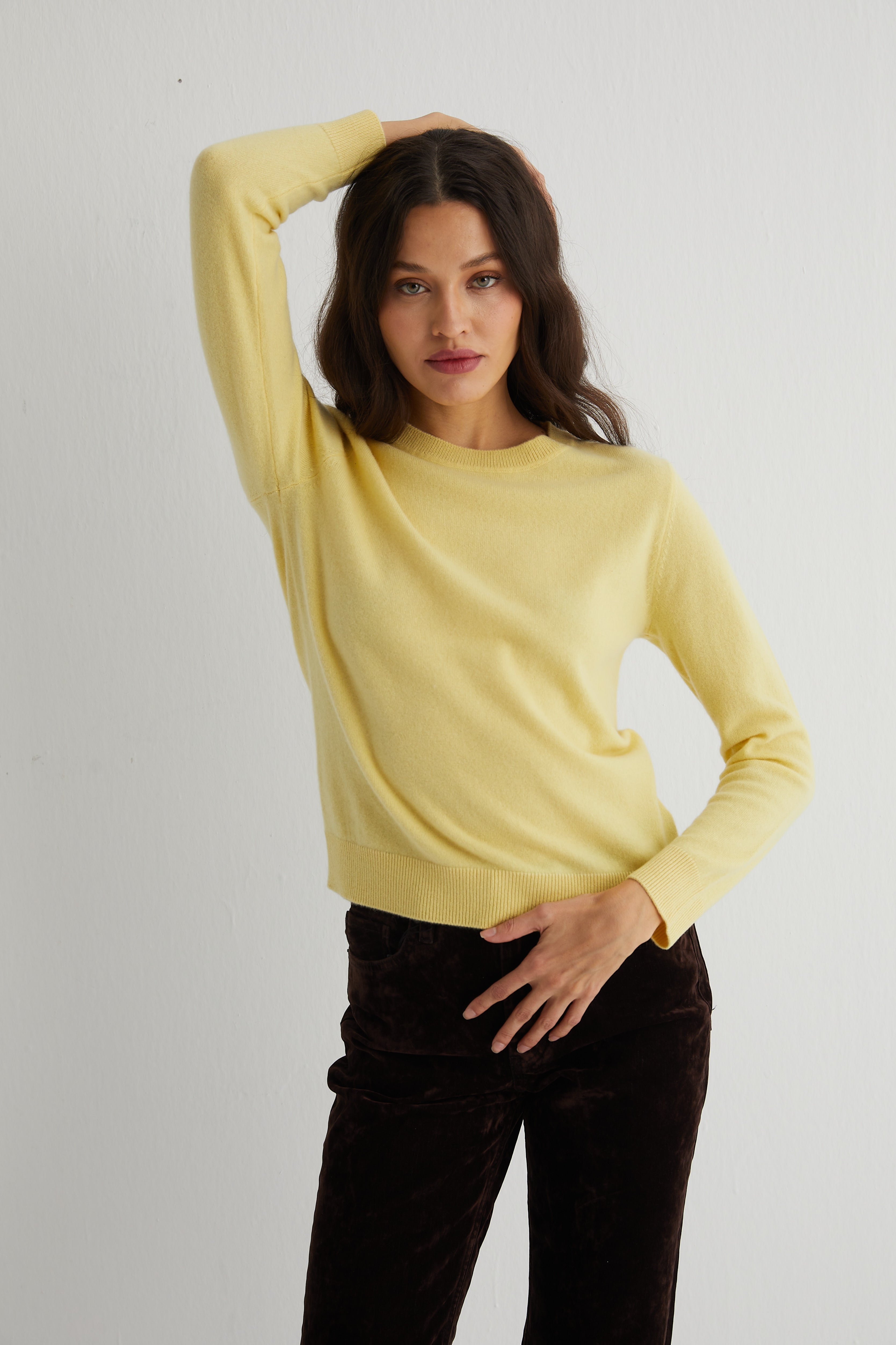 Sarı Agata Saf Kaşmir Yuvarlak Yaka Kazak