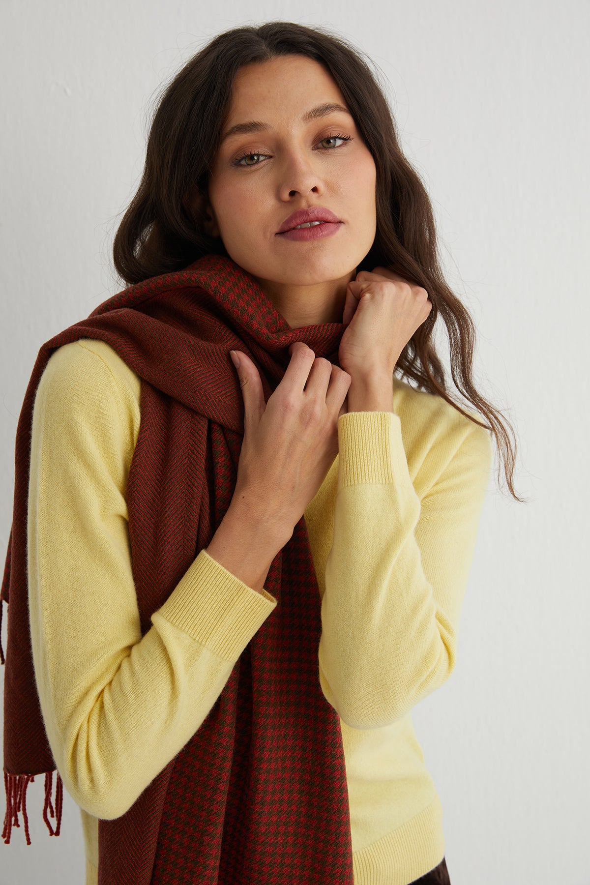 Kırmızı Saf Kaşmir Kaz Ayağı Kareli Şal 60x180 cm