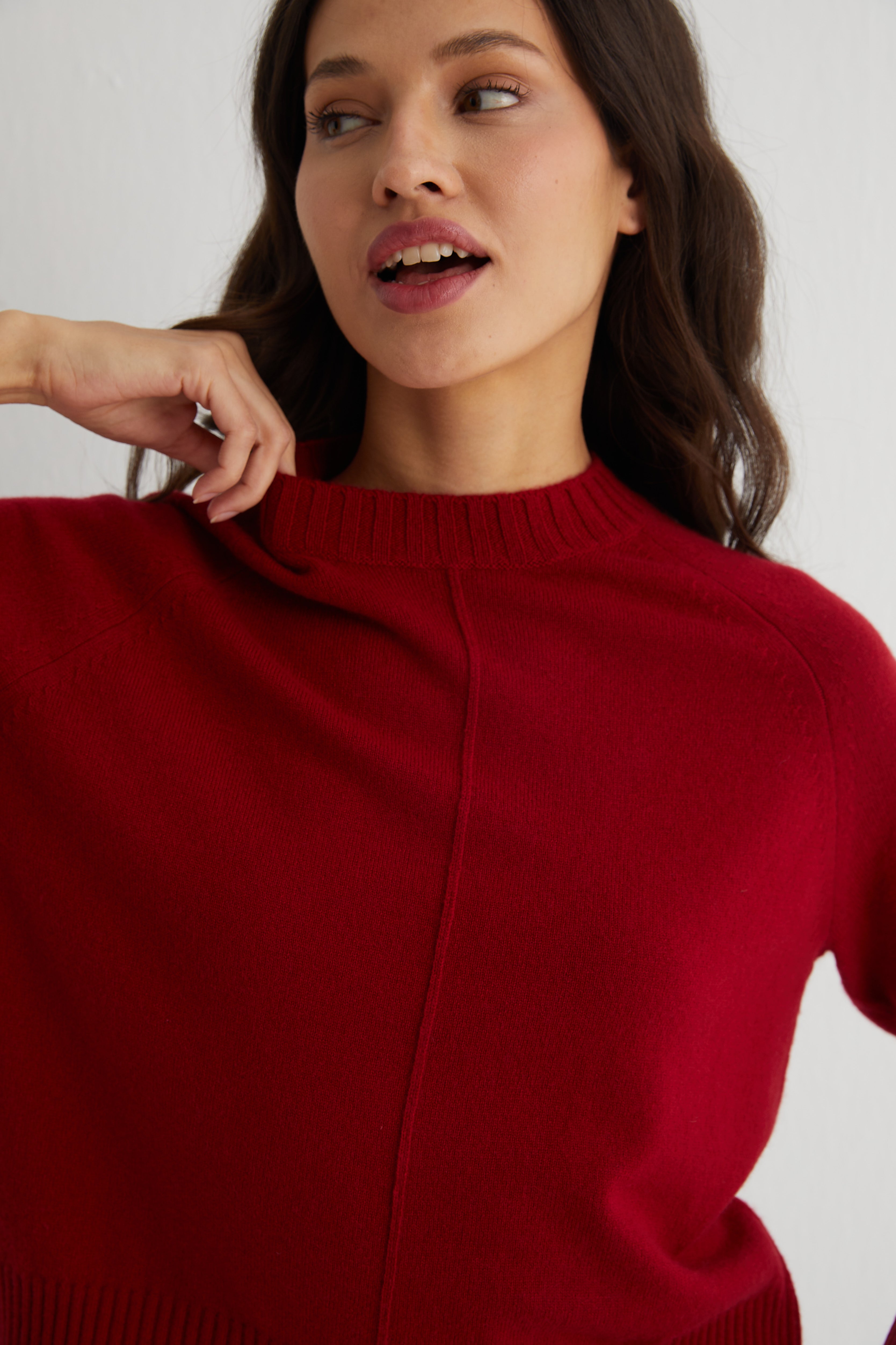 Kırmızı Carla Saf Kaşmir Yuvarlak Yaka Kazak