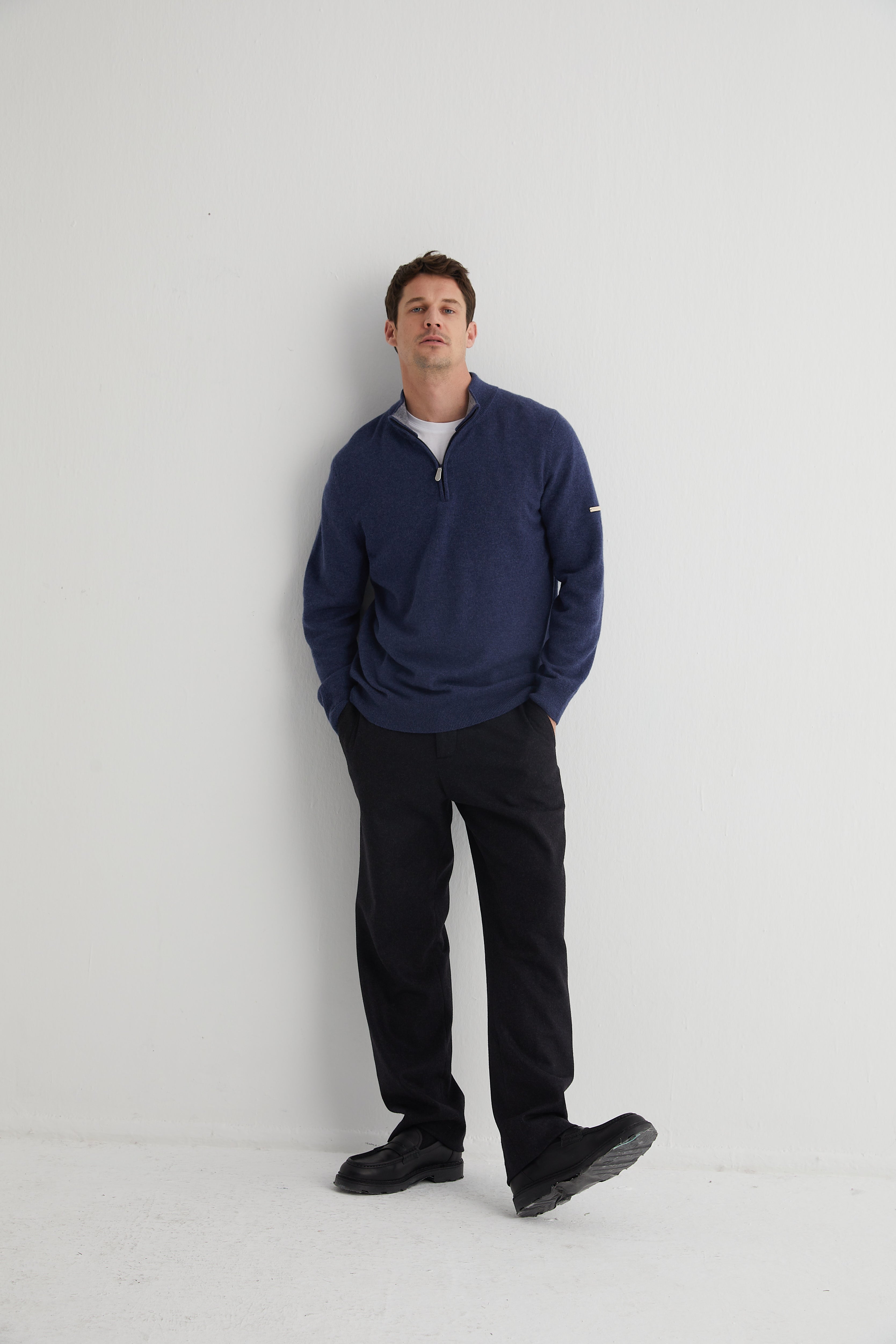 Denim Saf Kaşmir Yarım Balıkçı Yaka Fermuarlı Kazak