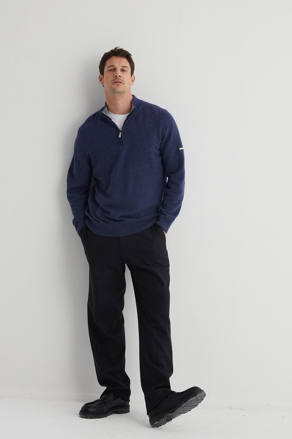 Denim Saf Kaşmir Yarım Balıkçı Yaka Fermuarlı Kazak