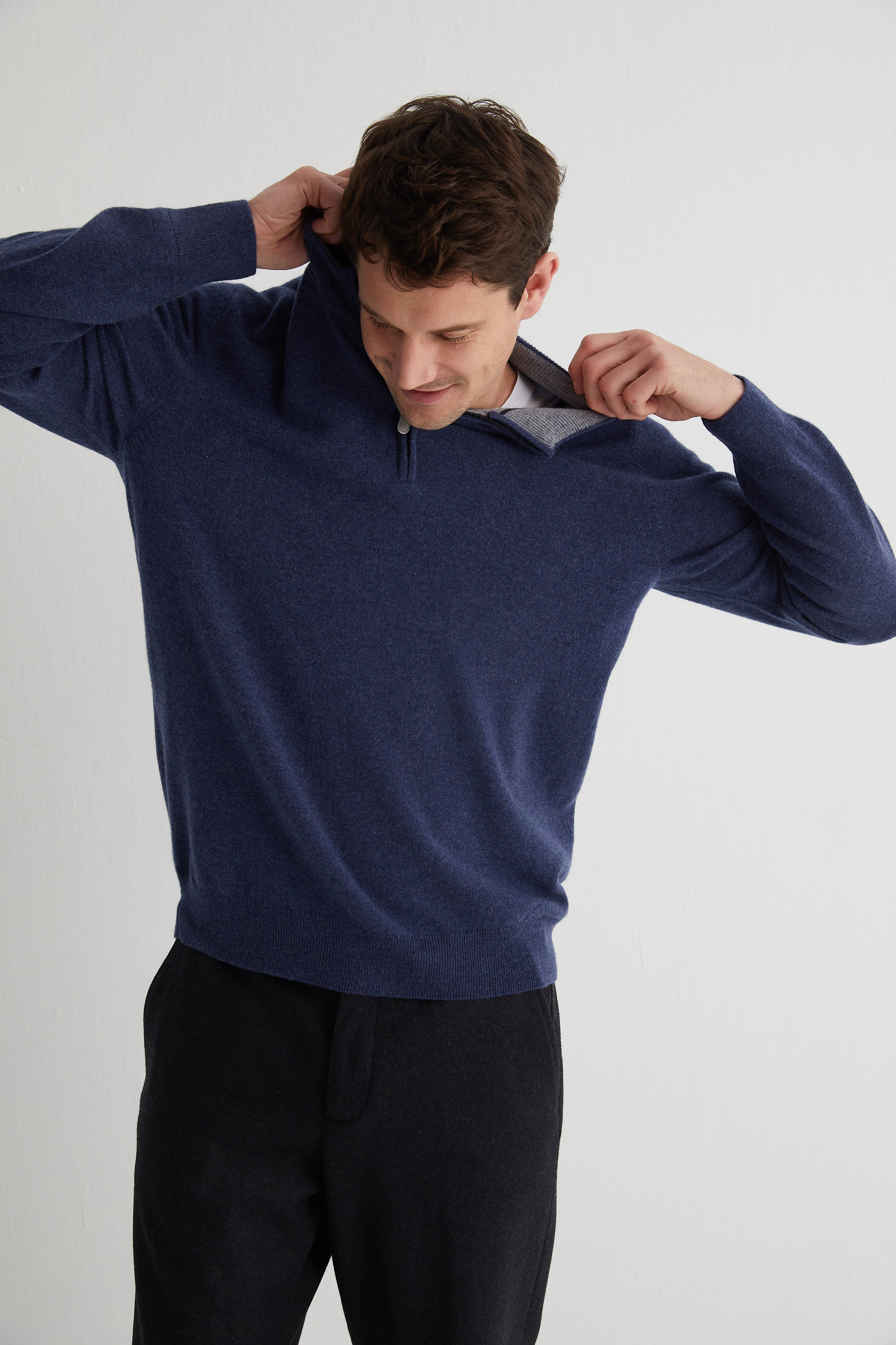 Denim Saf Kaşmir Yarım Balıkçı Yaka Fermuarlı Kazak