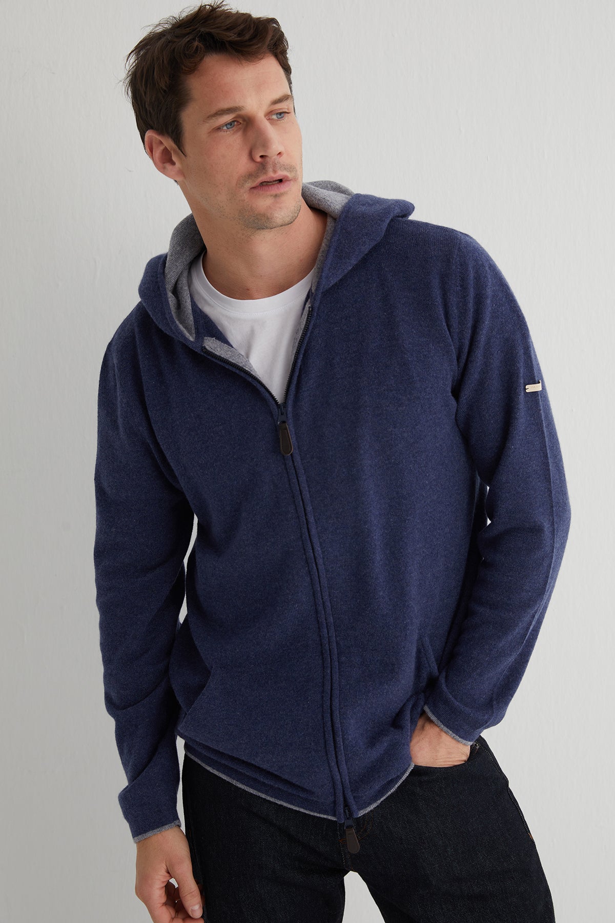 Denim Scott Saf Kaşmir Kapüşonlu Hırka