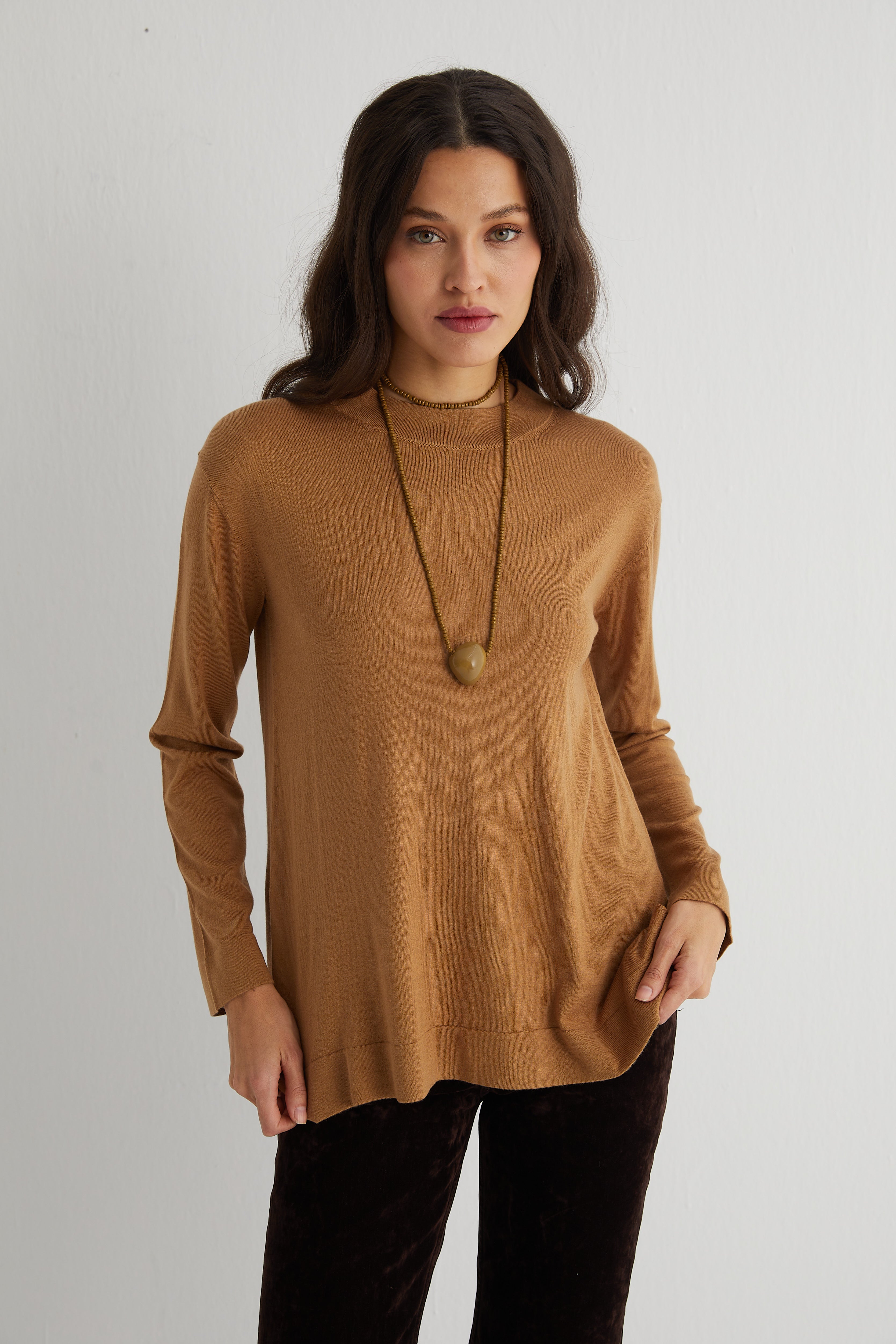 Camel Zoe İpek Kaşmir Yuvarlak Yaka Tunik Triko