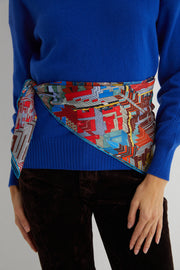 Mavi Kırmızı Lara Saf İpek Baskılı Eşarp 90x90 cm