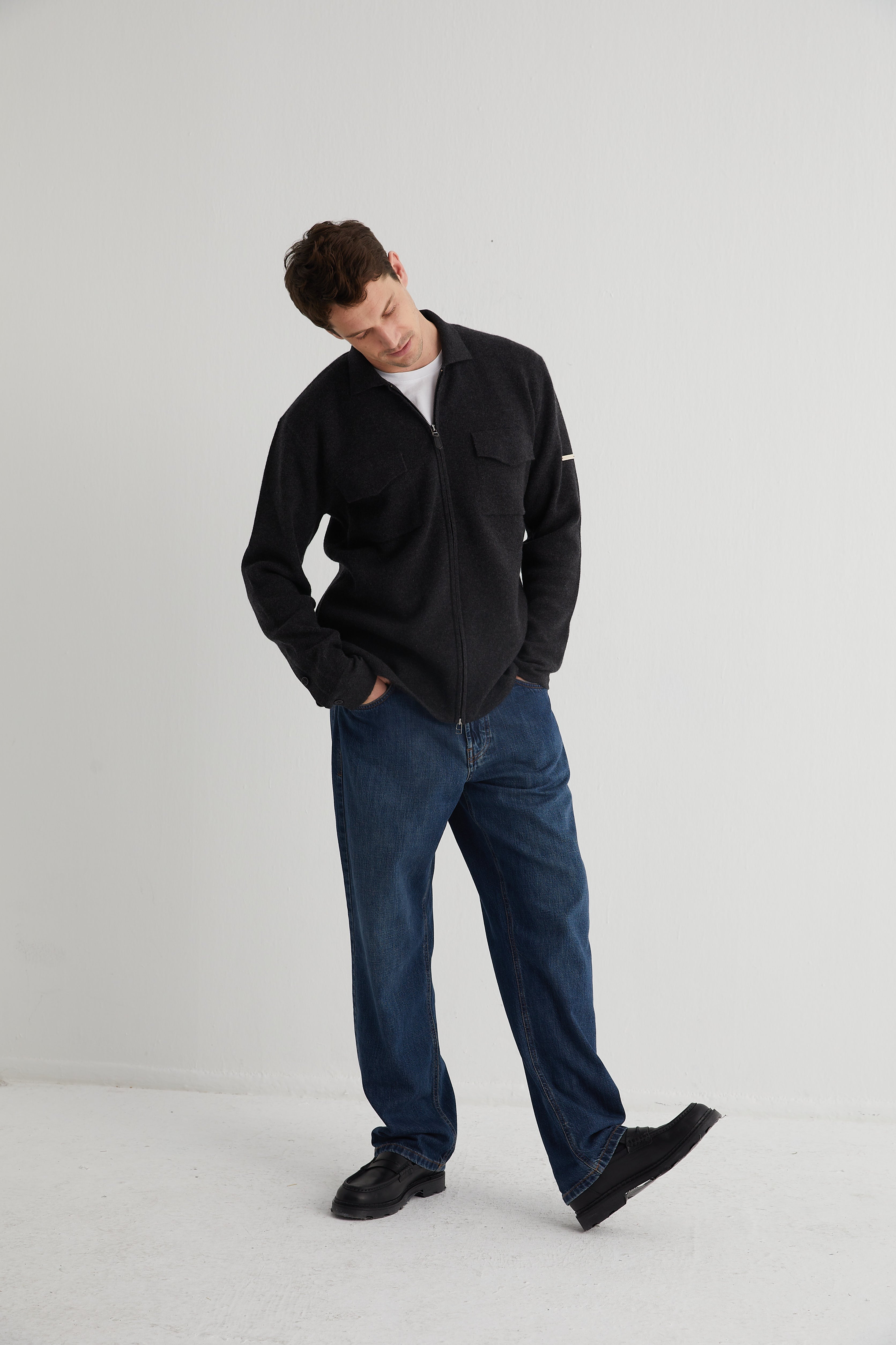 Gri Saf Kaşmir Çelik Örgü Erkek Ceket