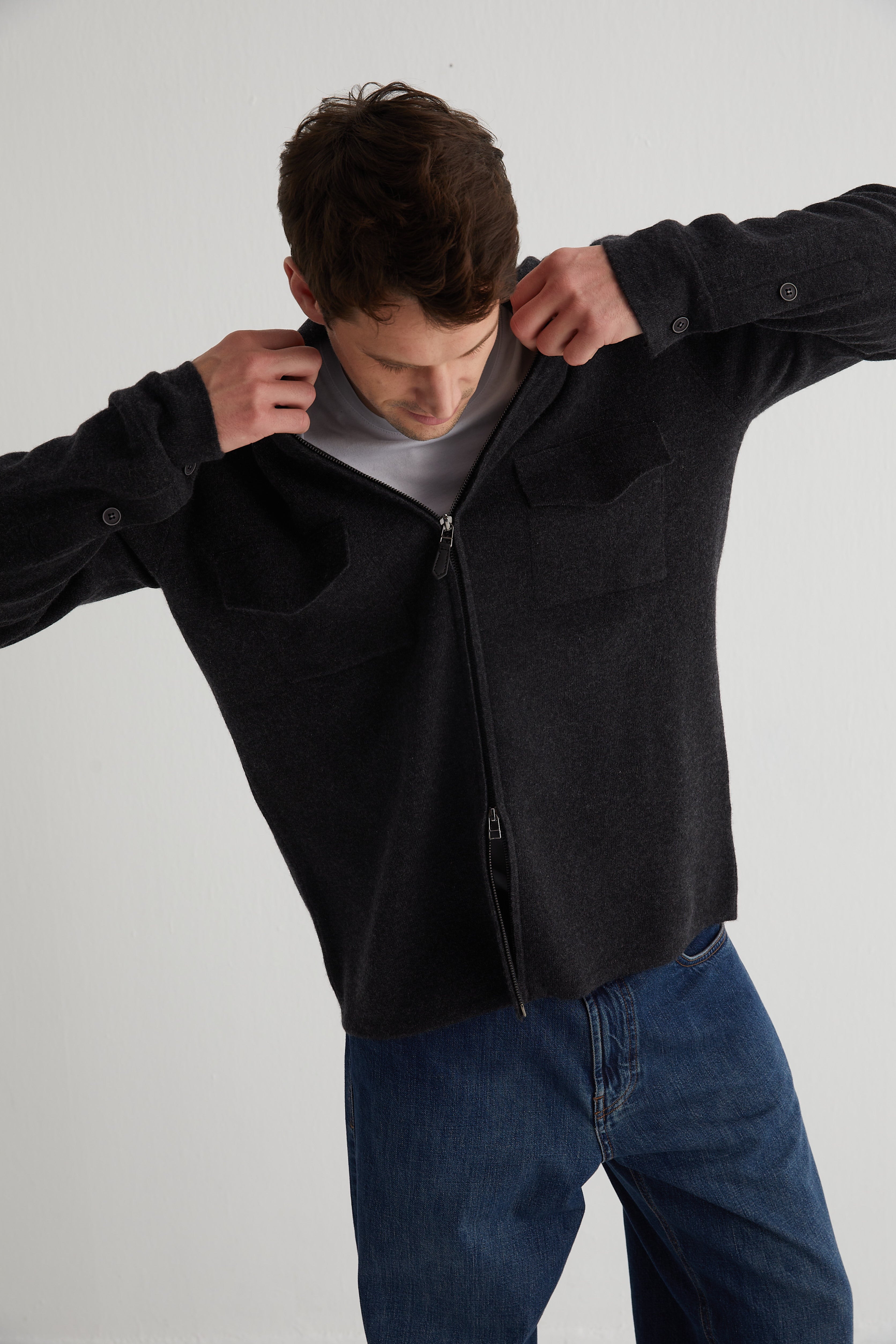 Gri Saf Kaşmir Çelik Örgü Erkek Ceket