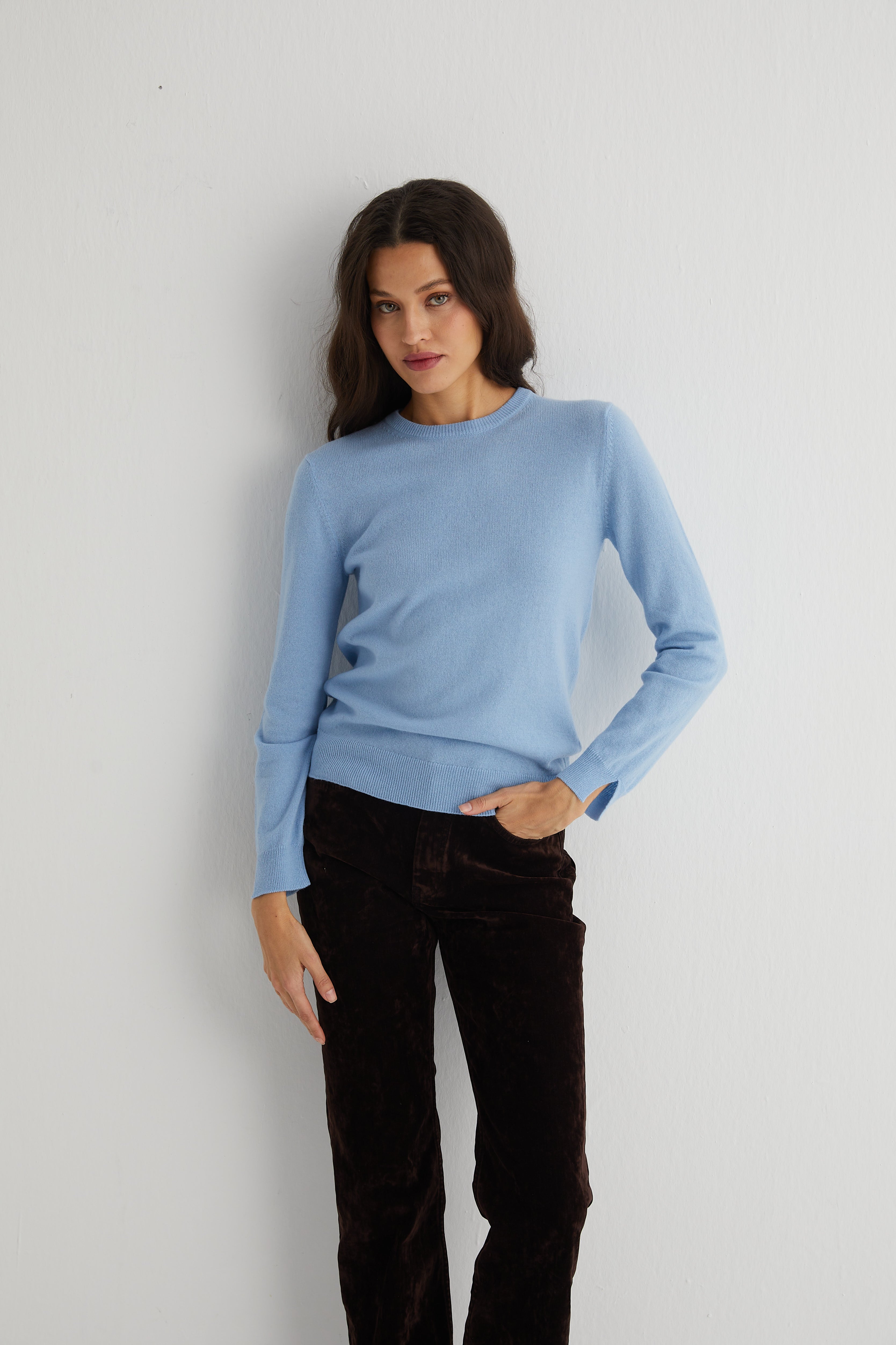 Açık Mavi Franca Saf Kaşmir Bisiklet Yaka Kazak