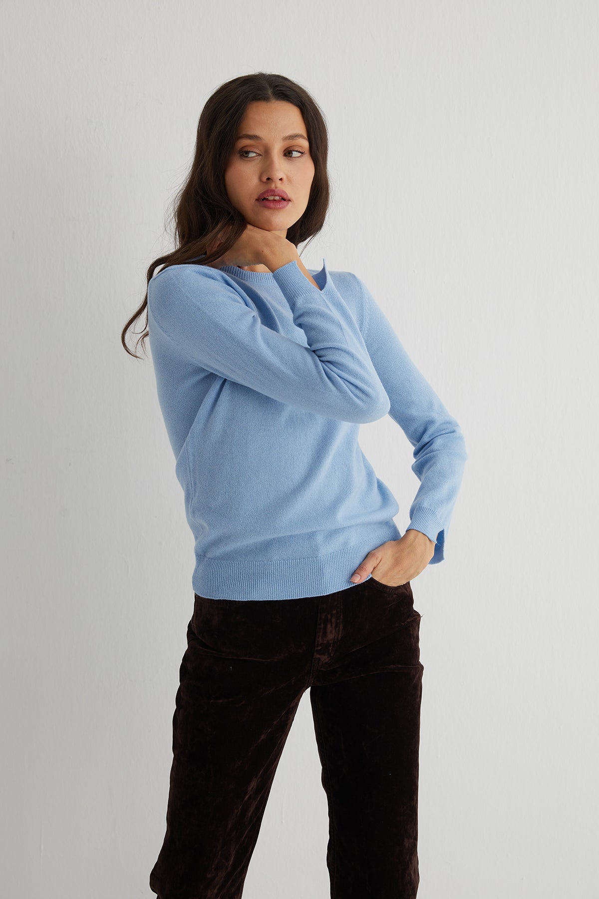 Açık Mavi Franca Saf Kaşmir Bisiklet Yaka Kazak