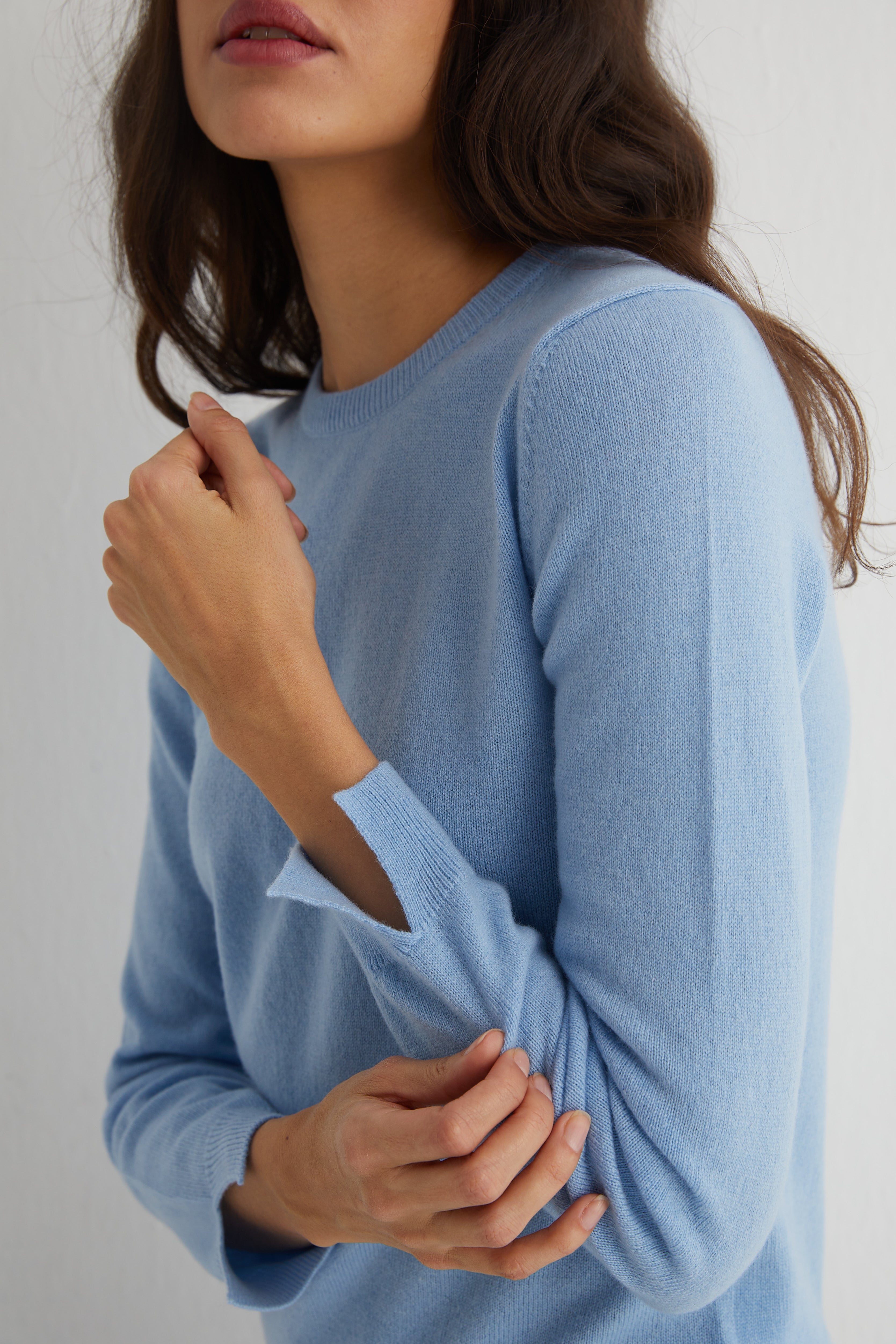 Açık Mavi Franca Saf Kaşmir Bisiklet Yaka Kazak