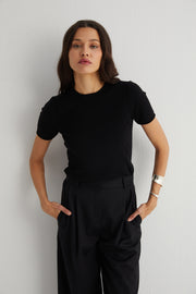 Siyah Lilly Saf Kaşmir Bisiklet Yaka Tişört