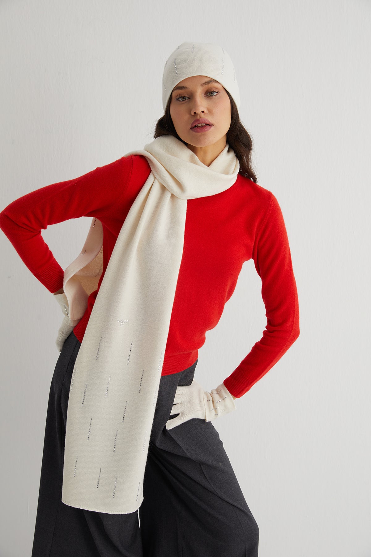 Ekru Lucia Taşlı Atkı 30x190 cm