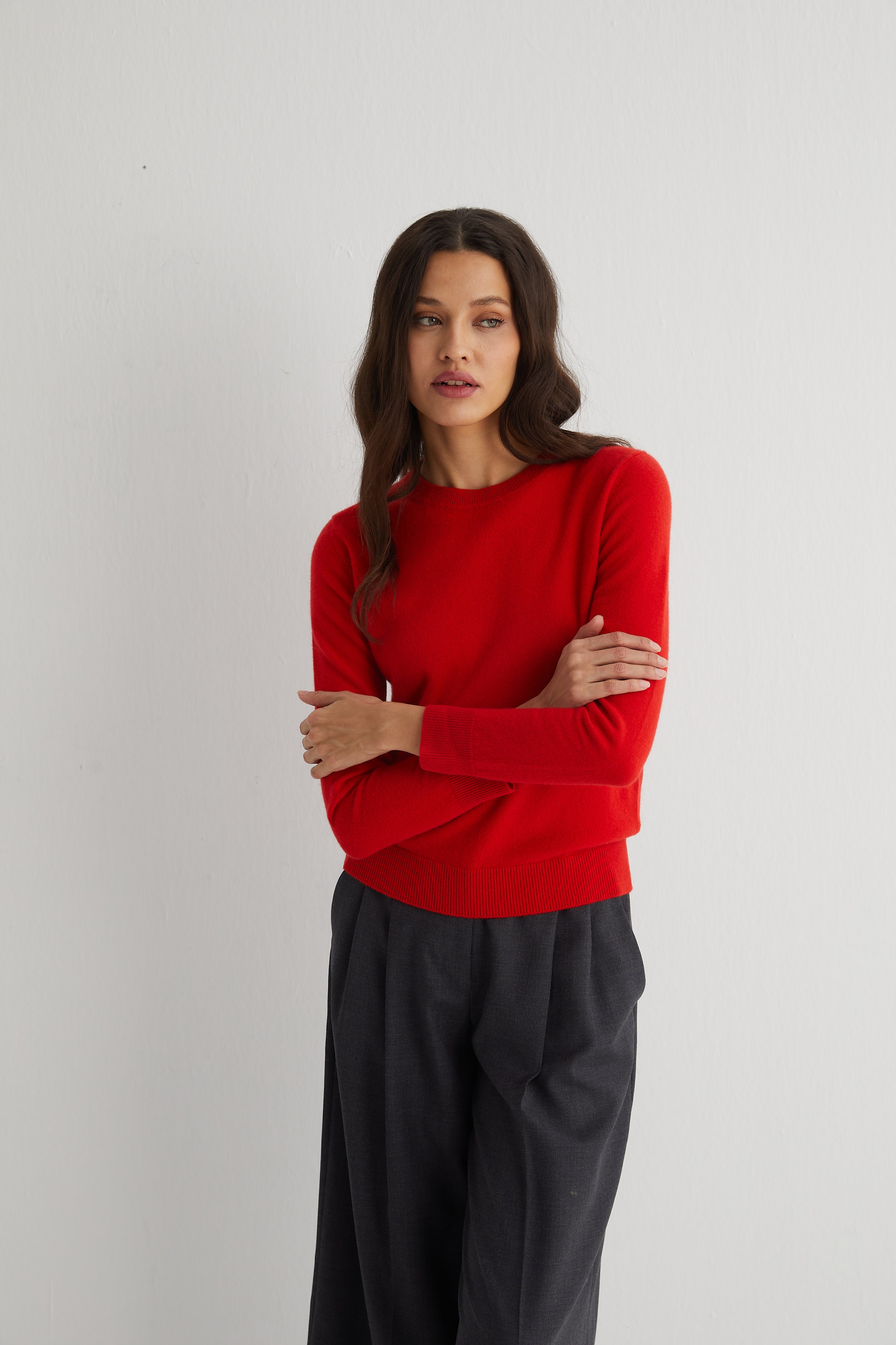 Turuncu Agata Saf Kaşmir Yuvarlak Yaka Kazak