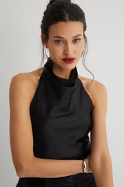 Siyah Luna Saf İpek Arkası Açık Bluz