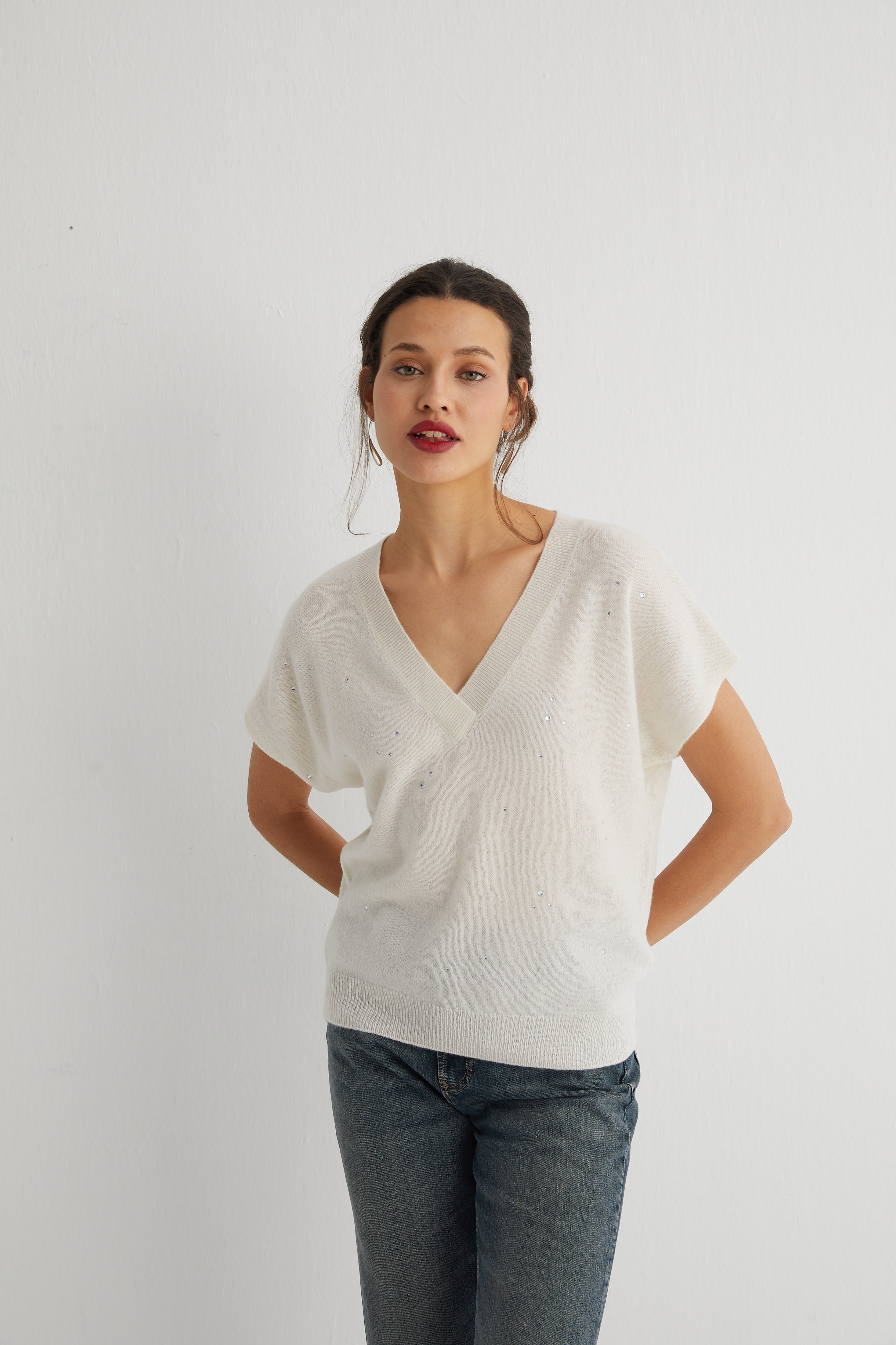 Ekru Kostir Saf Kaşmir Derin V Yaka Triko