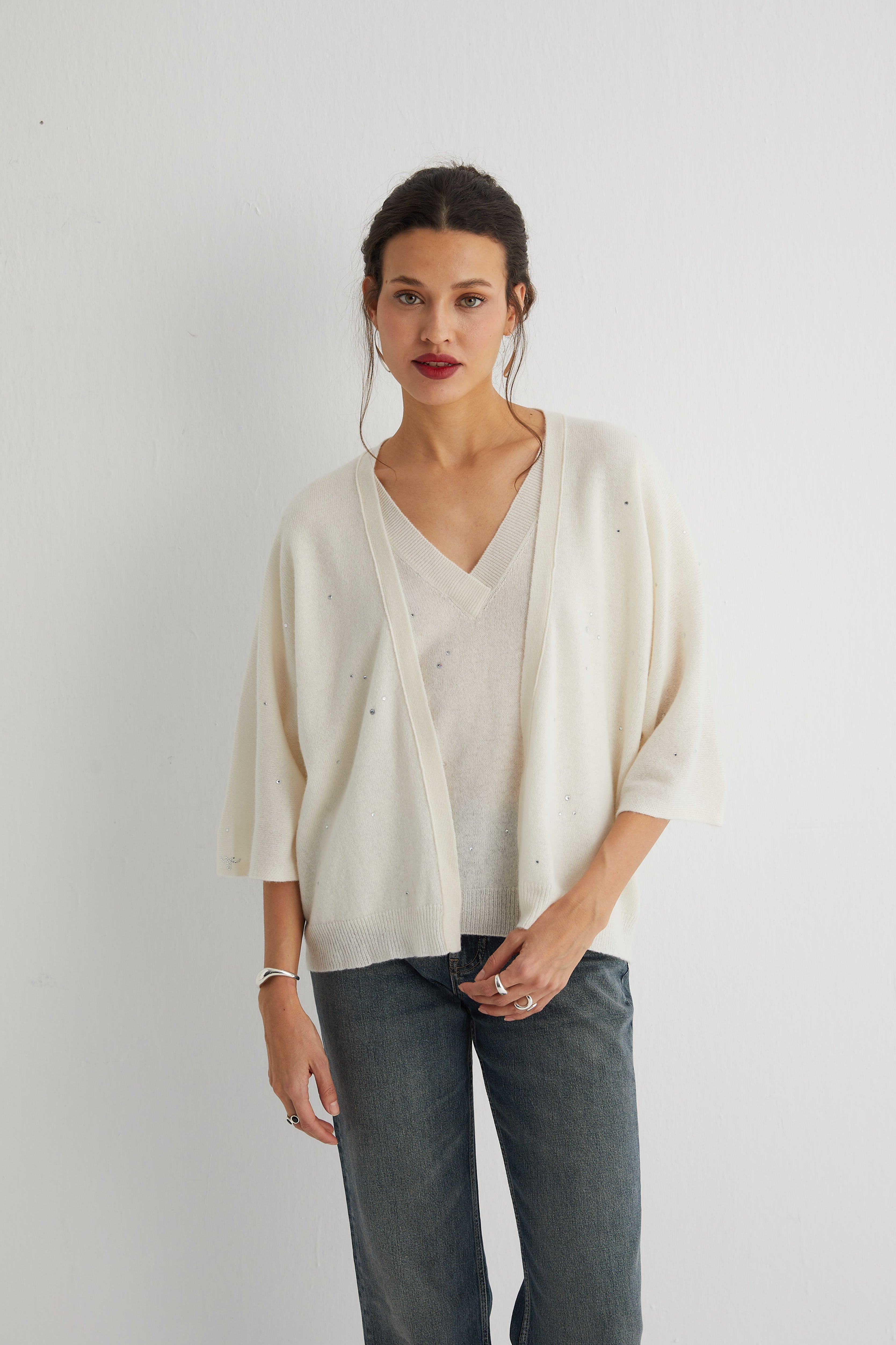 Ekru Kostir Saf Kaşmir Derin V Yaka Triko Hırka