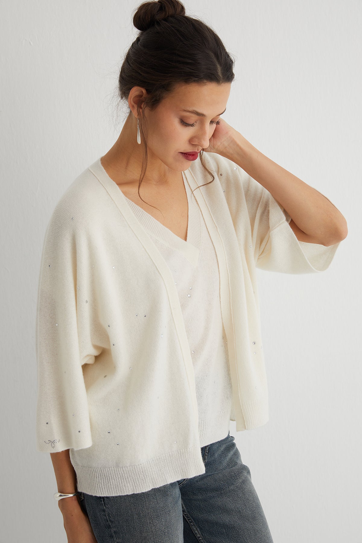 Ekru Kostir Saf Kaşmir Derin V Yaka Triko Hırka