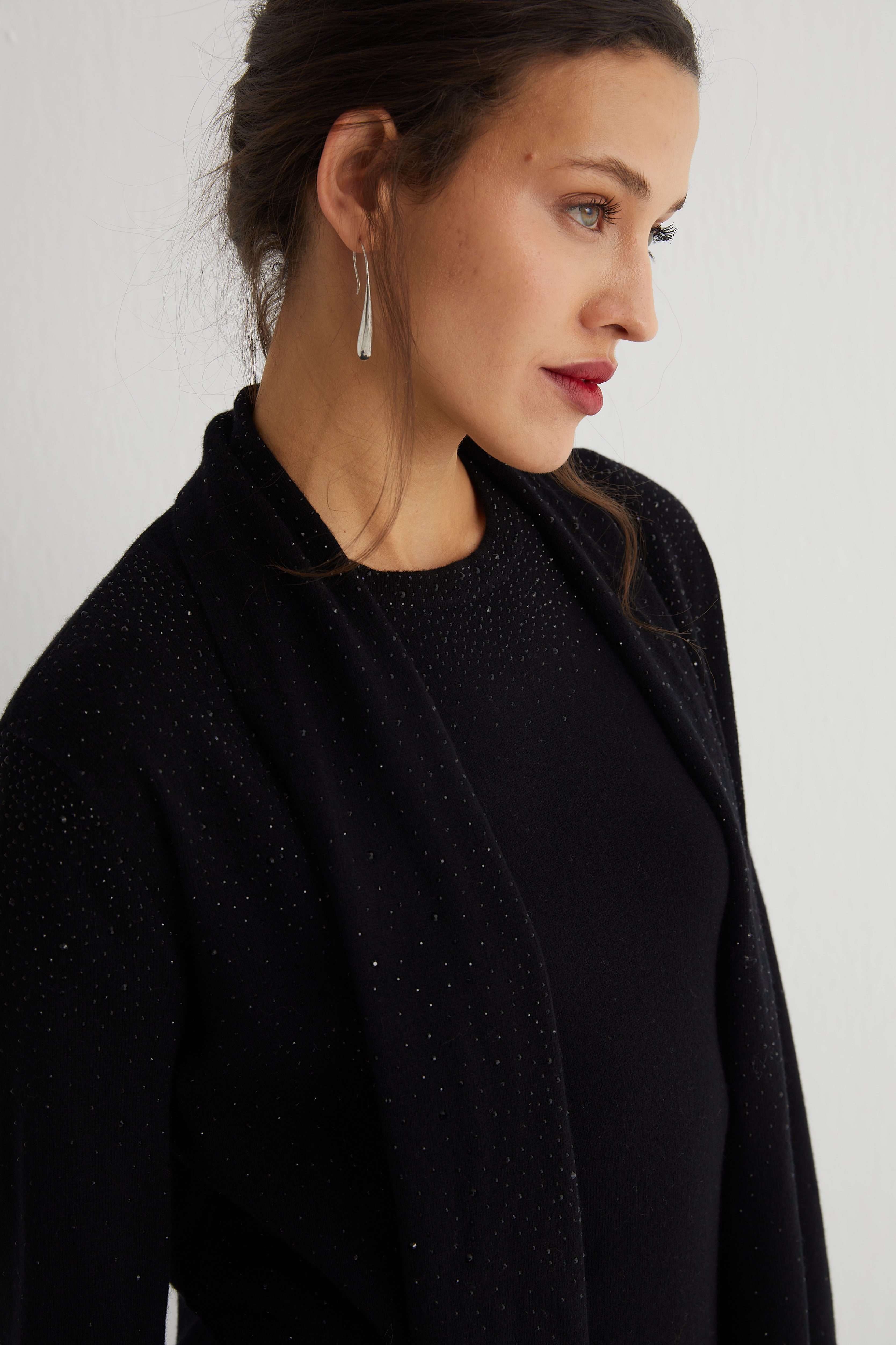 Siyah Merill Taşlı Şal Yaka Hırka