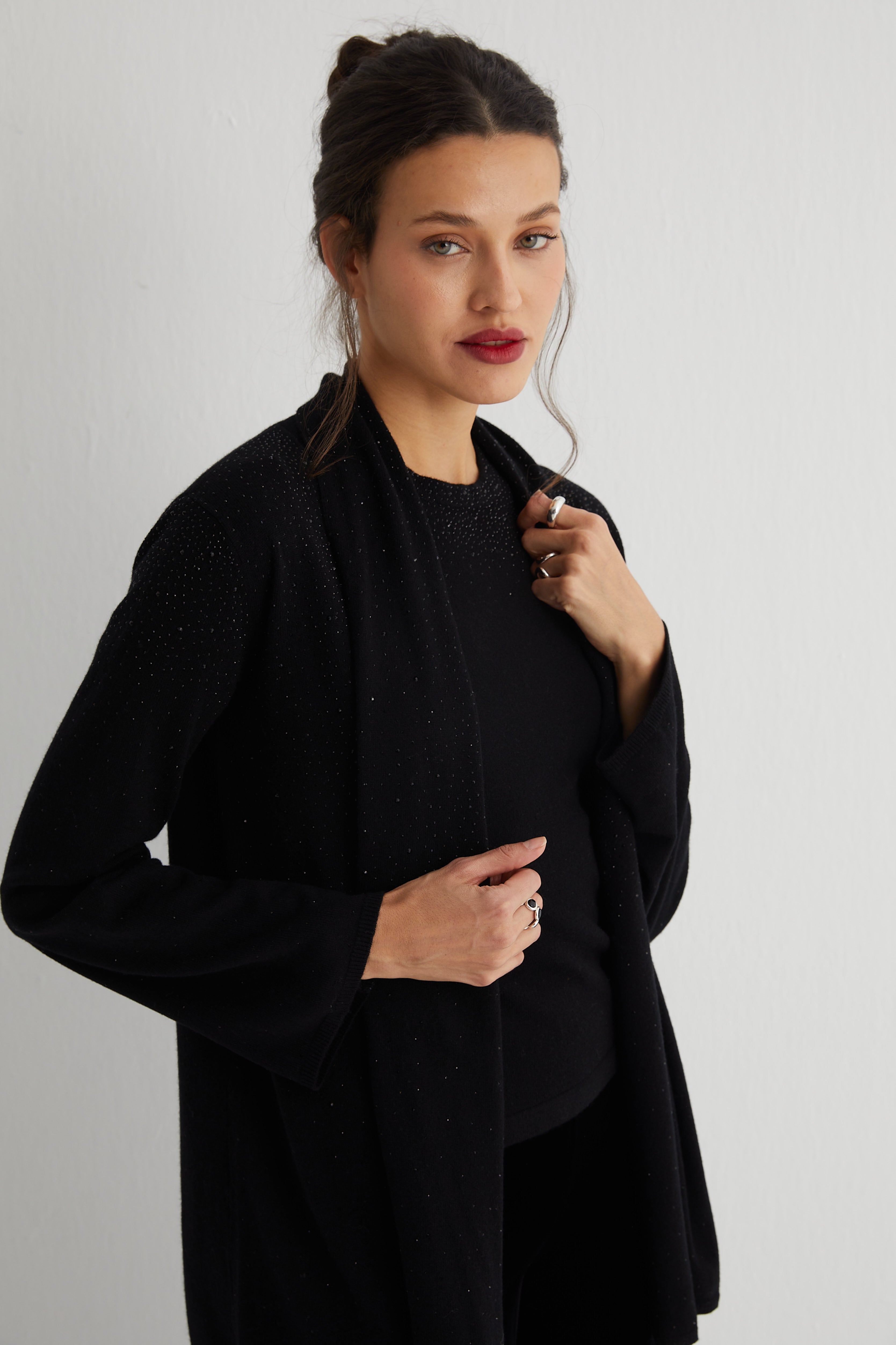 Siyah Merill Taşlı Şal Yaka Hırka