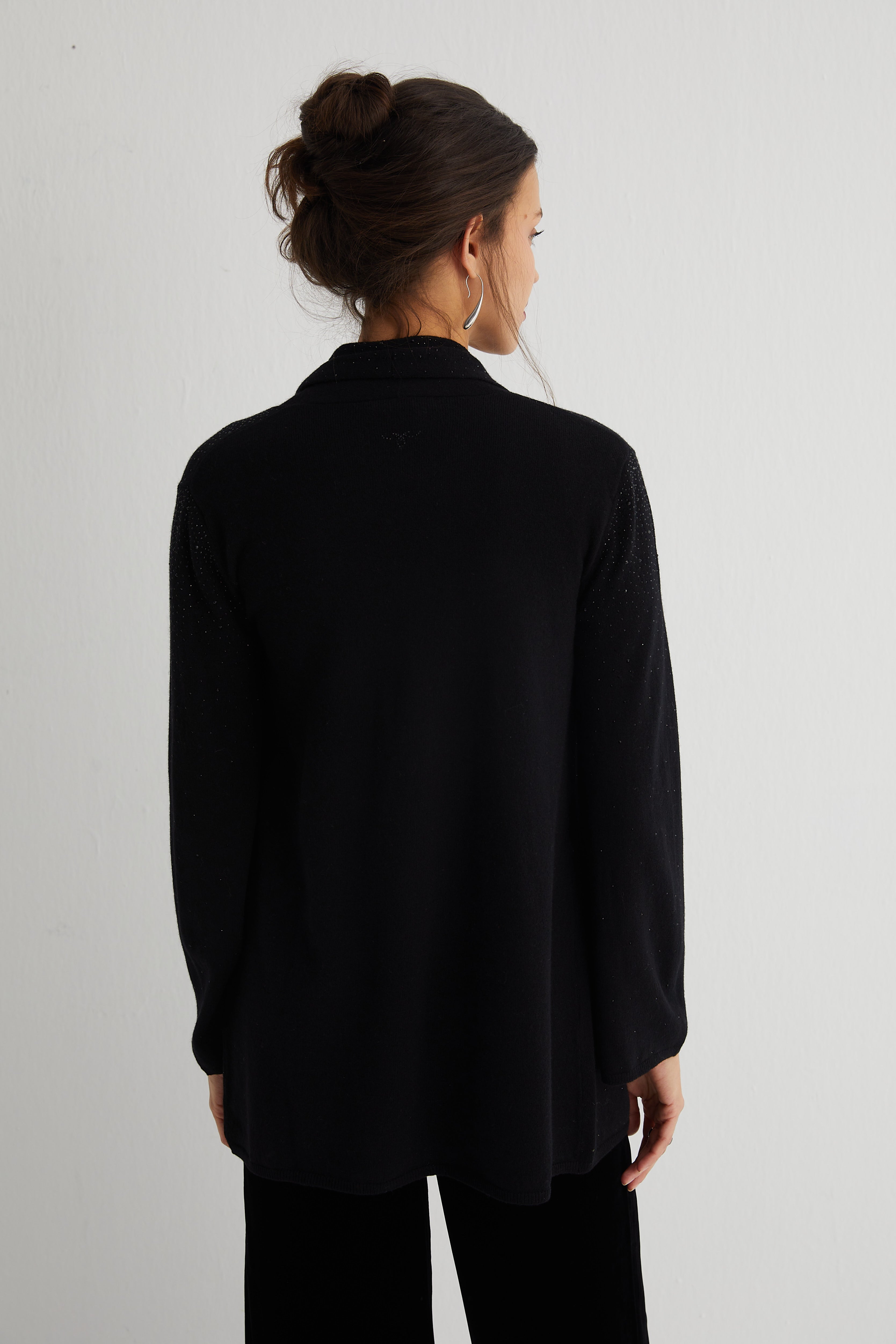 Siyah Merill Taşlı Şal Yaka Hırka